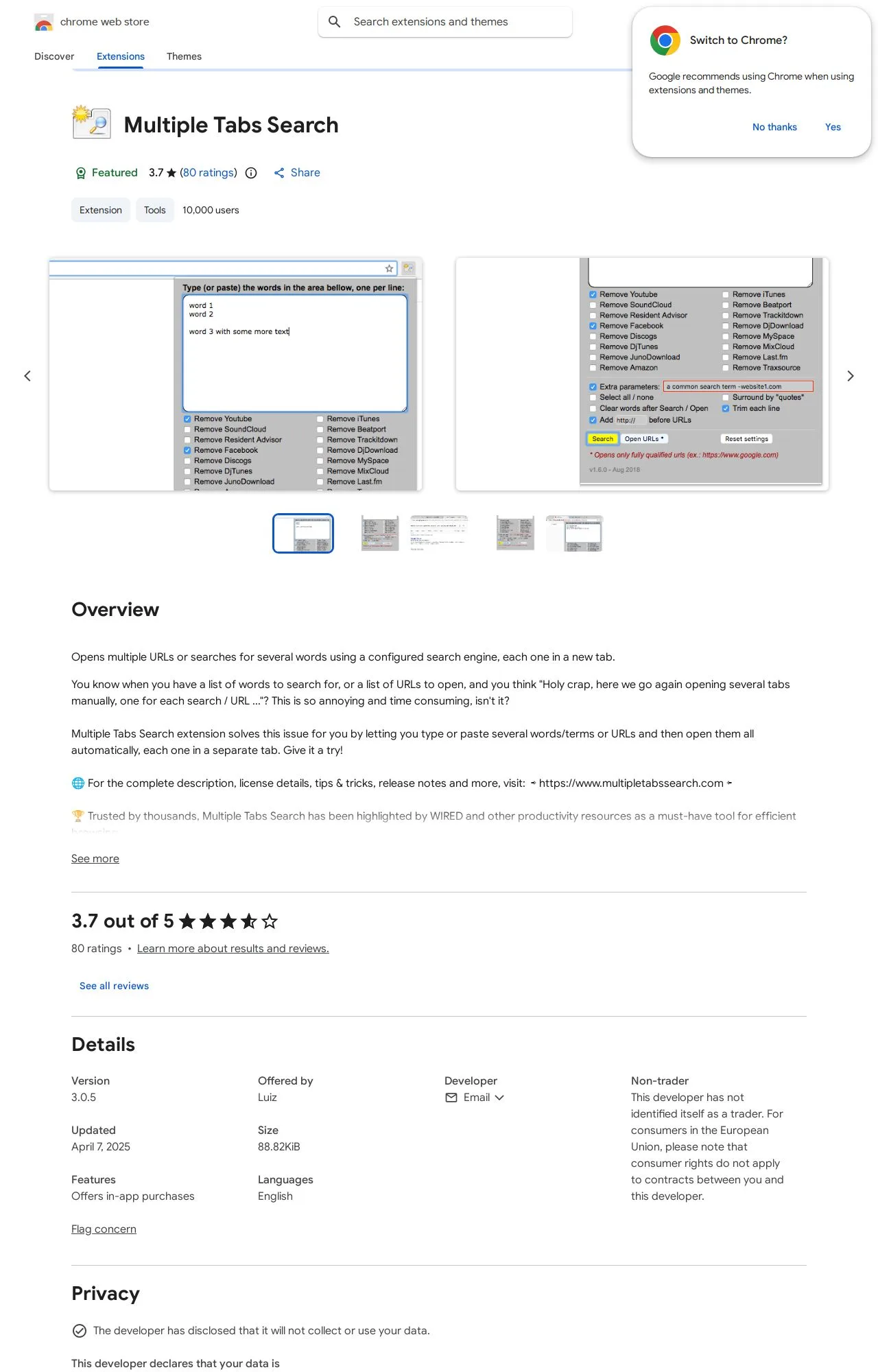 Multiple Tabs Search listing on the Chrome Web Store