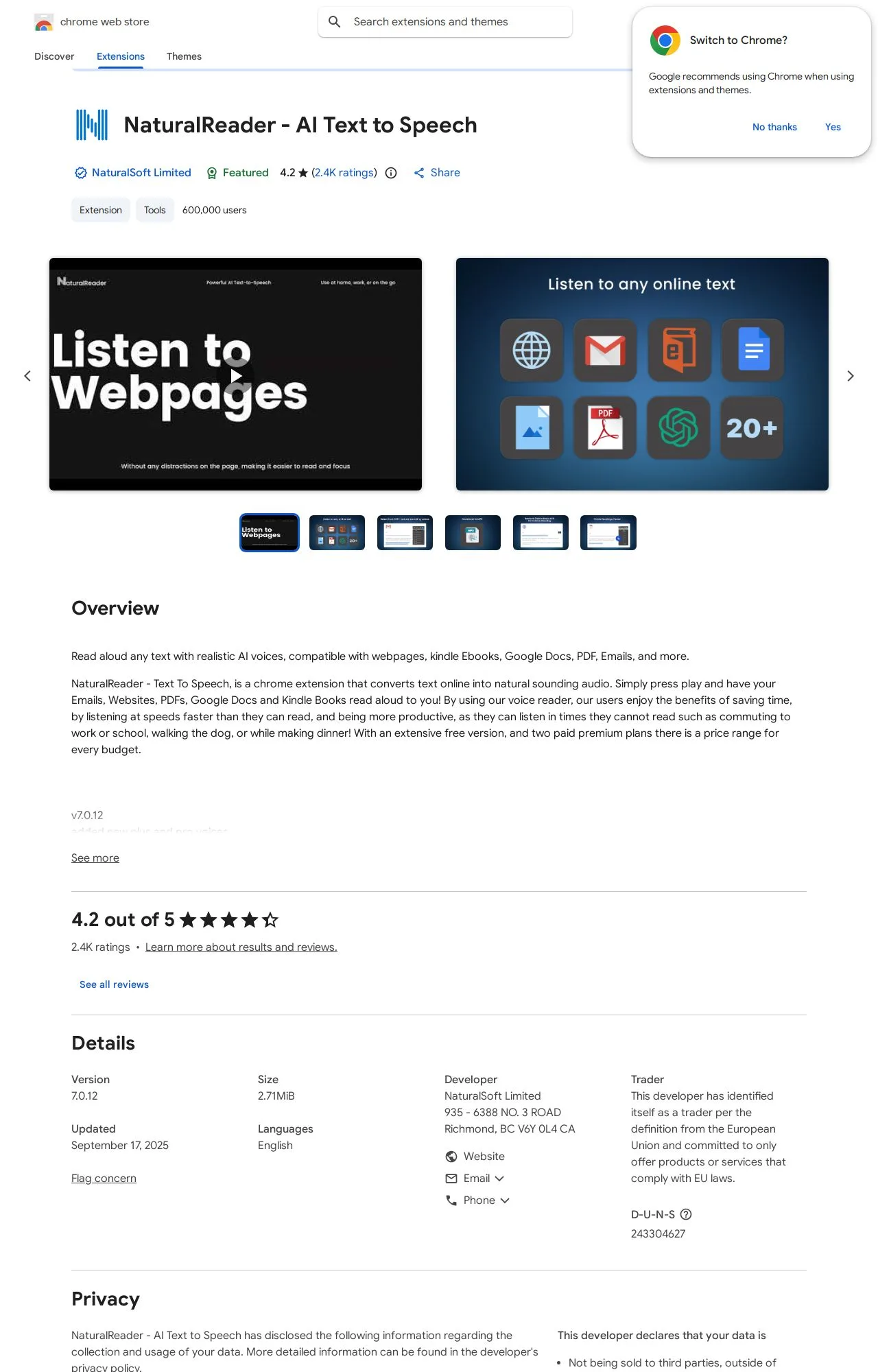 NaturalReader - AI Text to Speech listing on the Chrome Web Store