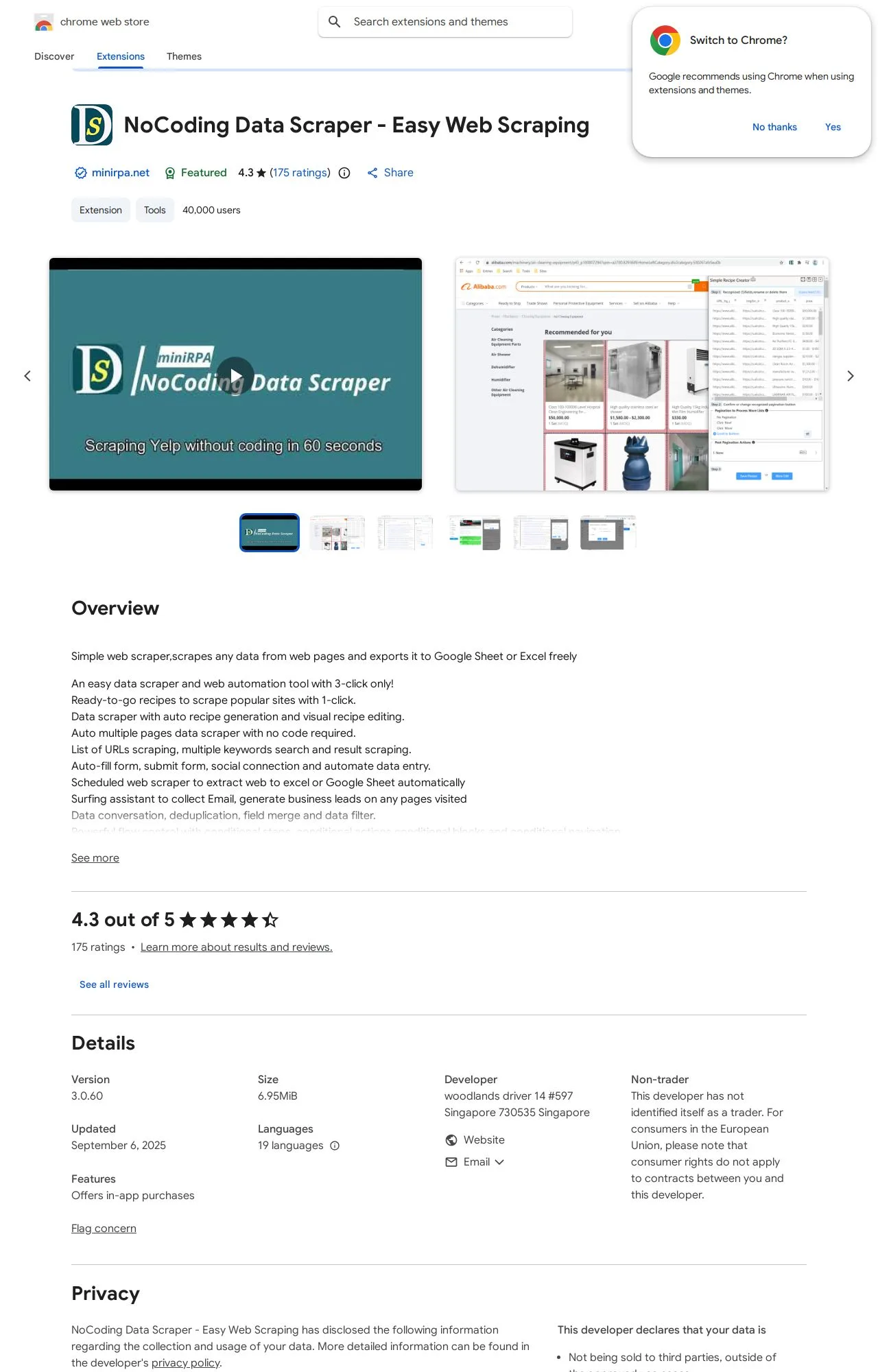 NoCoding Data Scraper - Easy Web Scraping listing on the Chrome Web Store