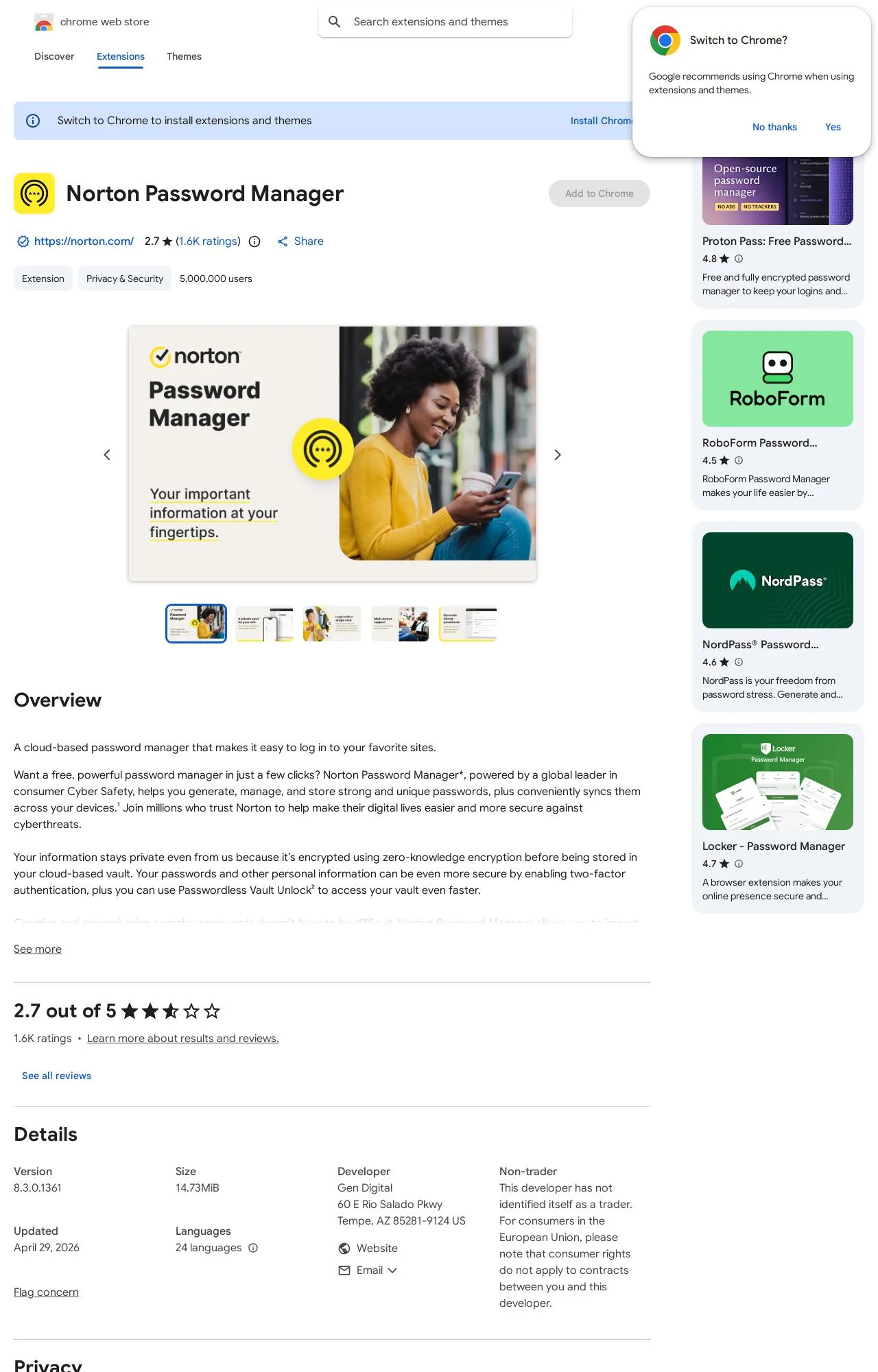 Norton Password Manager listing on the Chrome Web Store