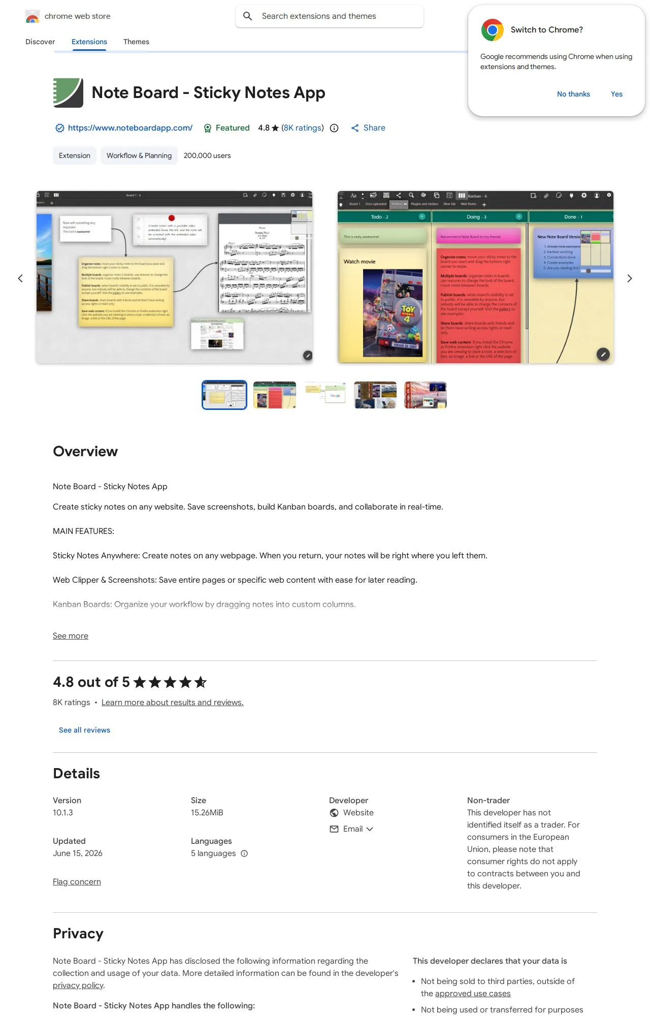 Note Board - Sticky Notes App listing on the Chrome Web Store