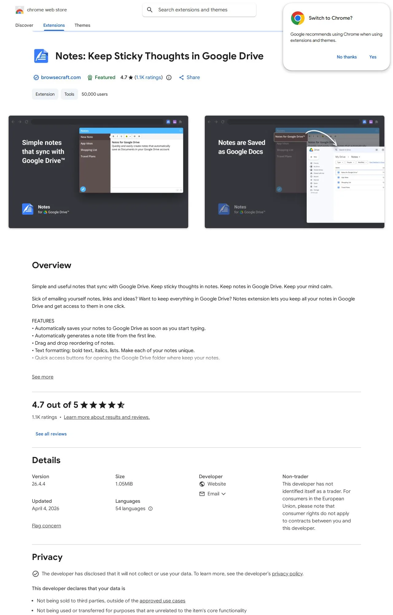 Notes: Keep Sticky Thoughts in Google Drive listing on the Chrome Web Store