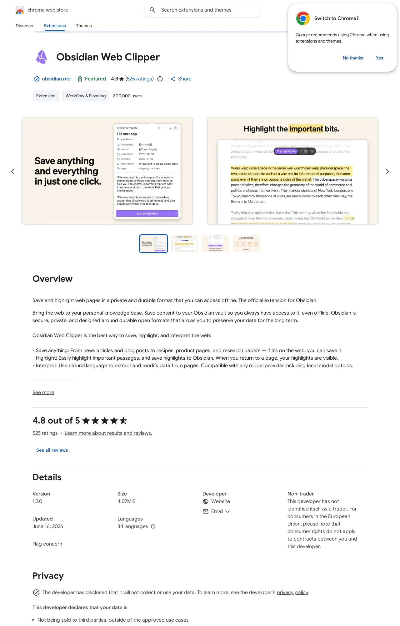 Obsidian Web Clipper listing on the Chrome Web Store