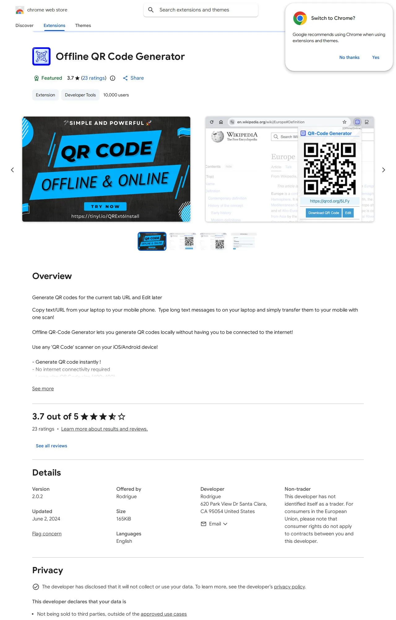 Offline QR Code Generator listing on the Chrome Web Store