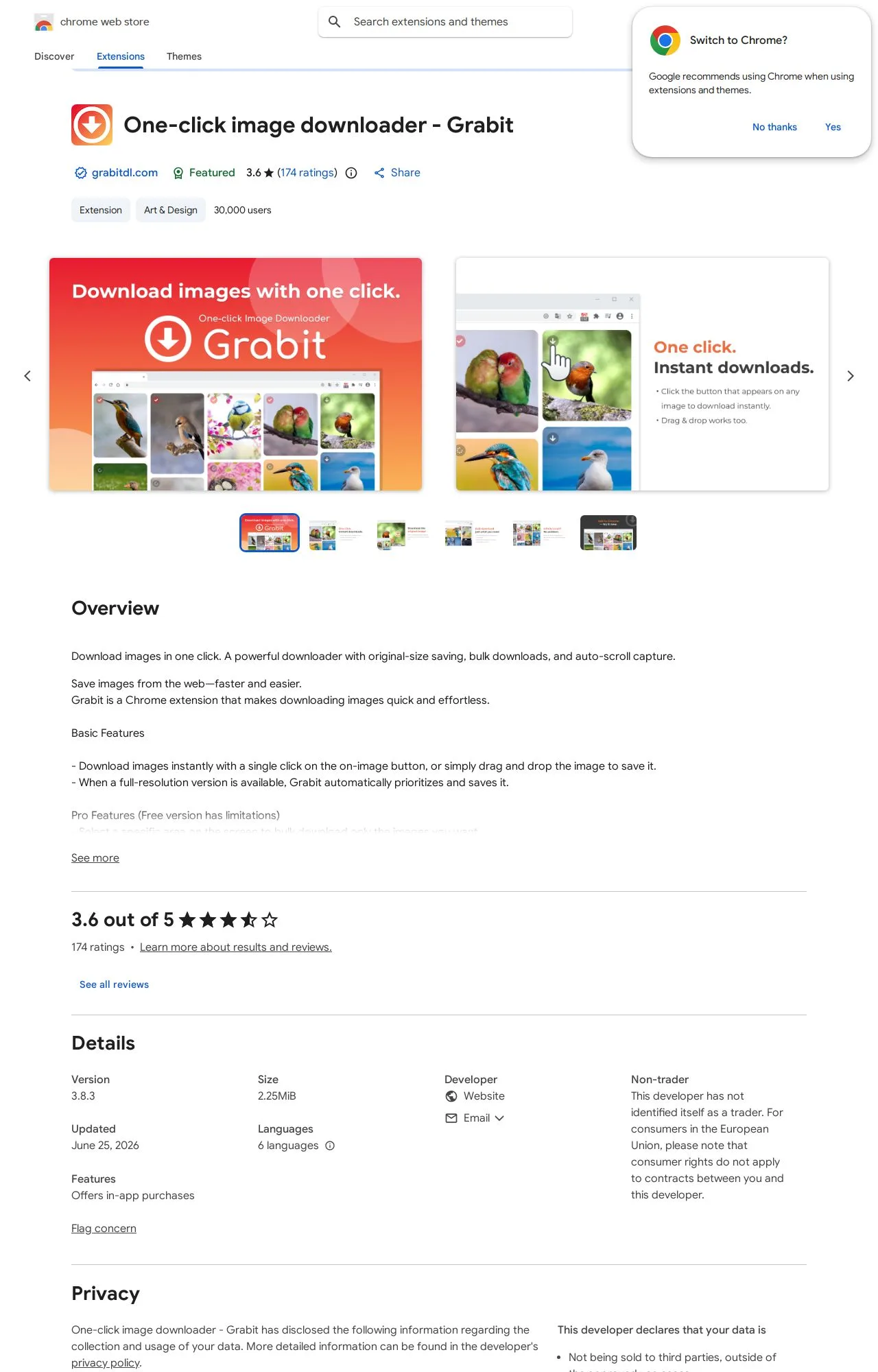 One-click image downloader - Grabit listing on the Chrome Web Store