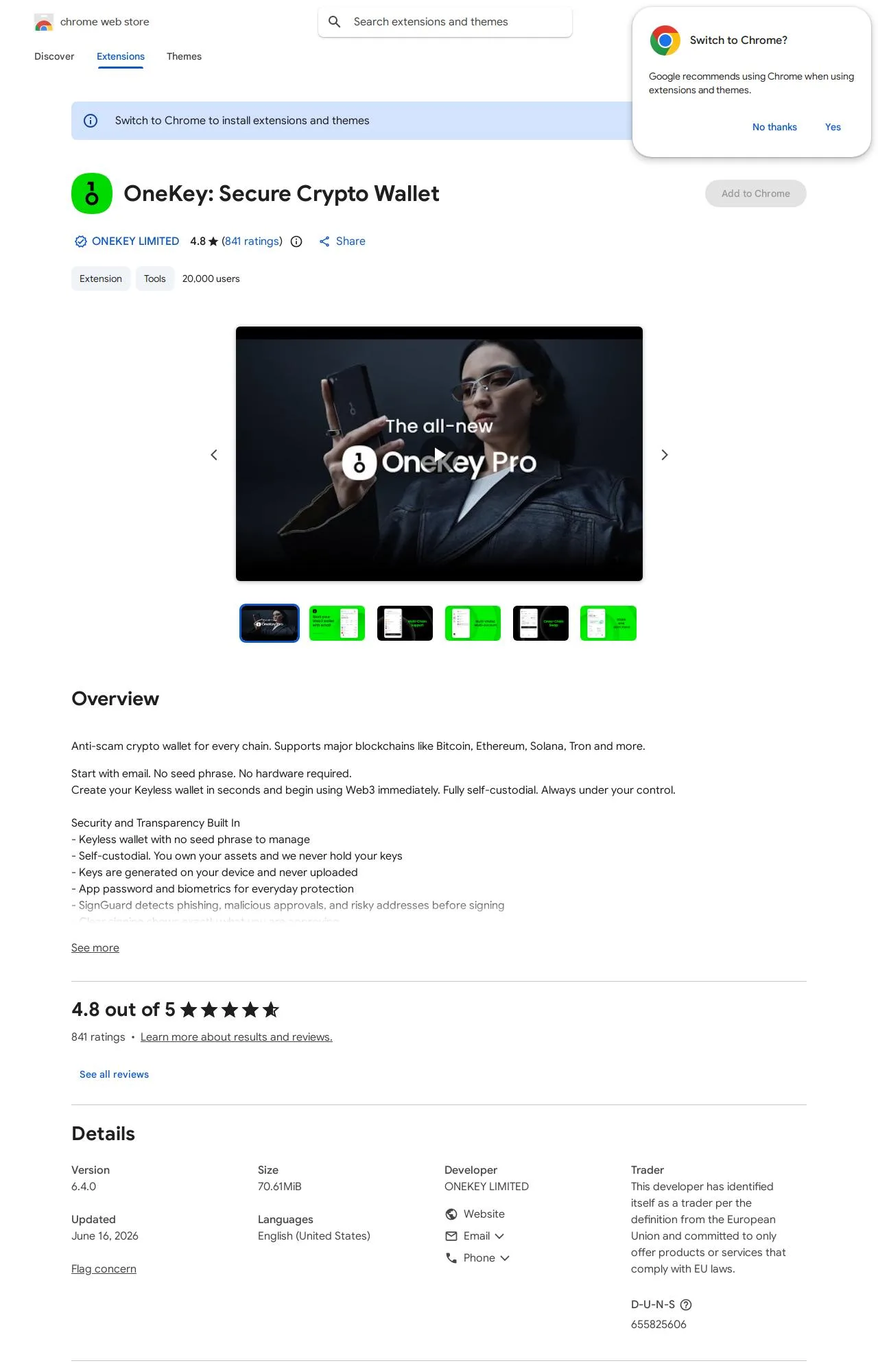OneKey: Secure Crypto Wallet listing on the Chrome Web Store