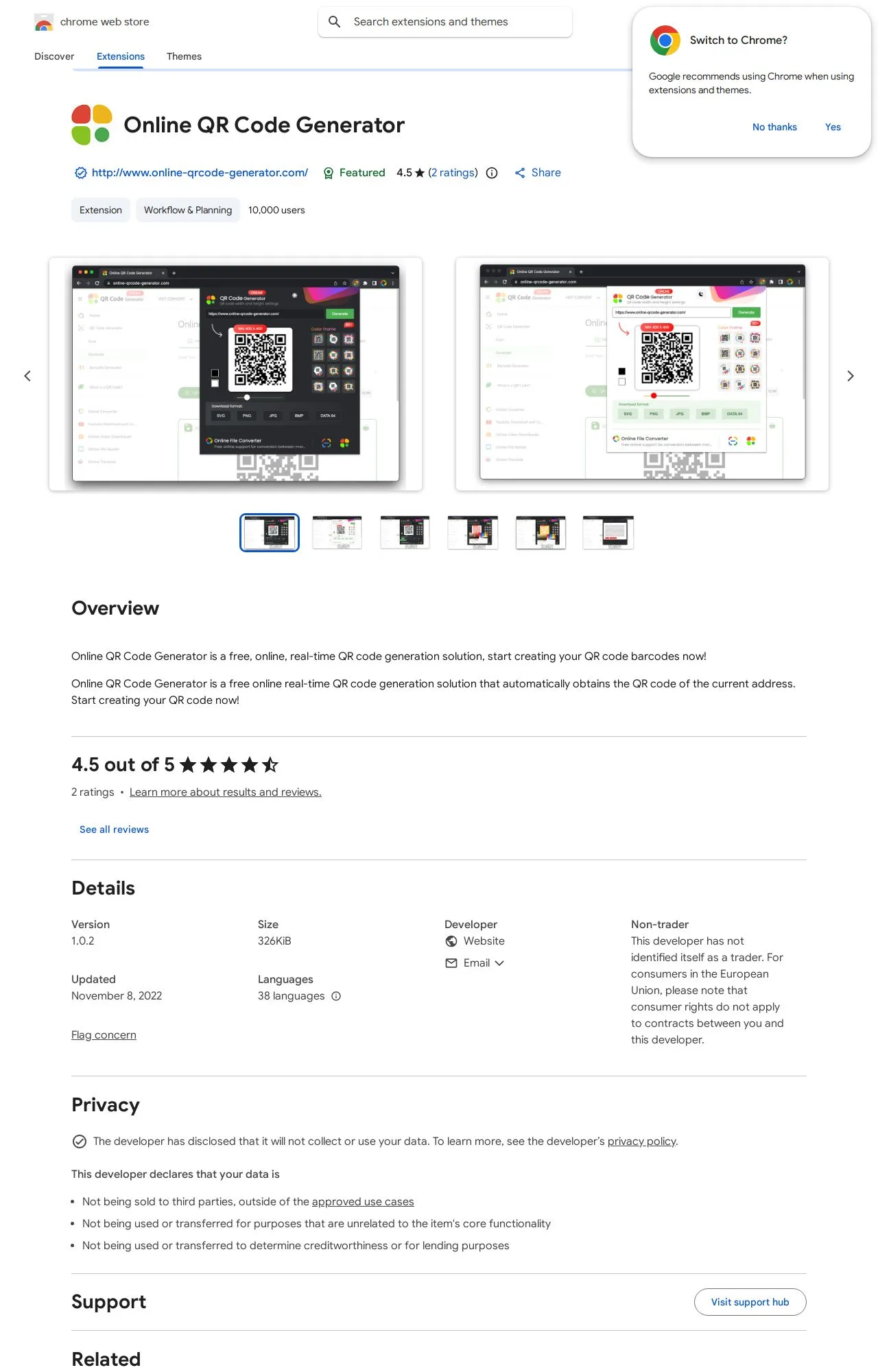 Online QR Code Generator listing on the Chrome Web Store