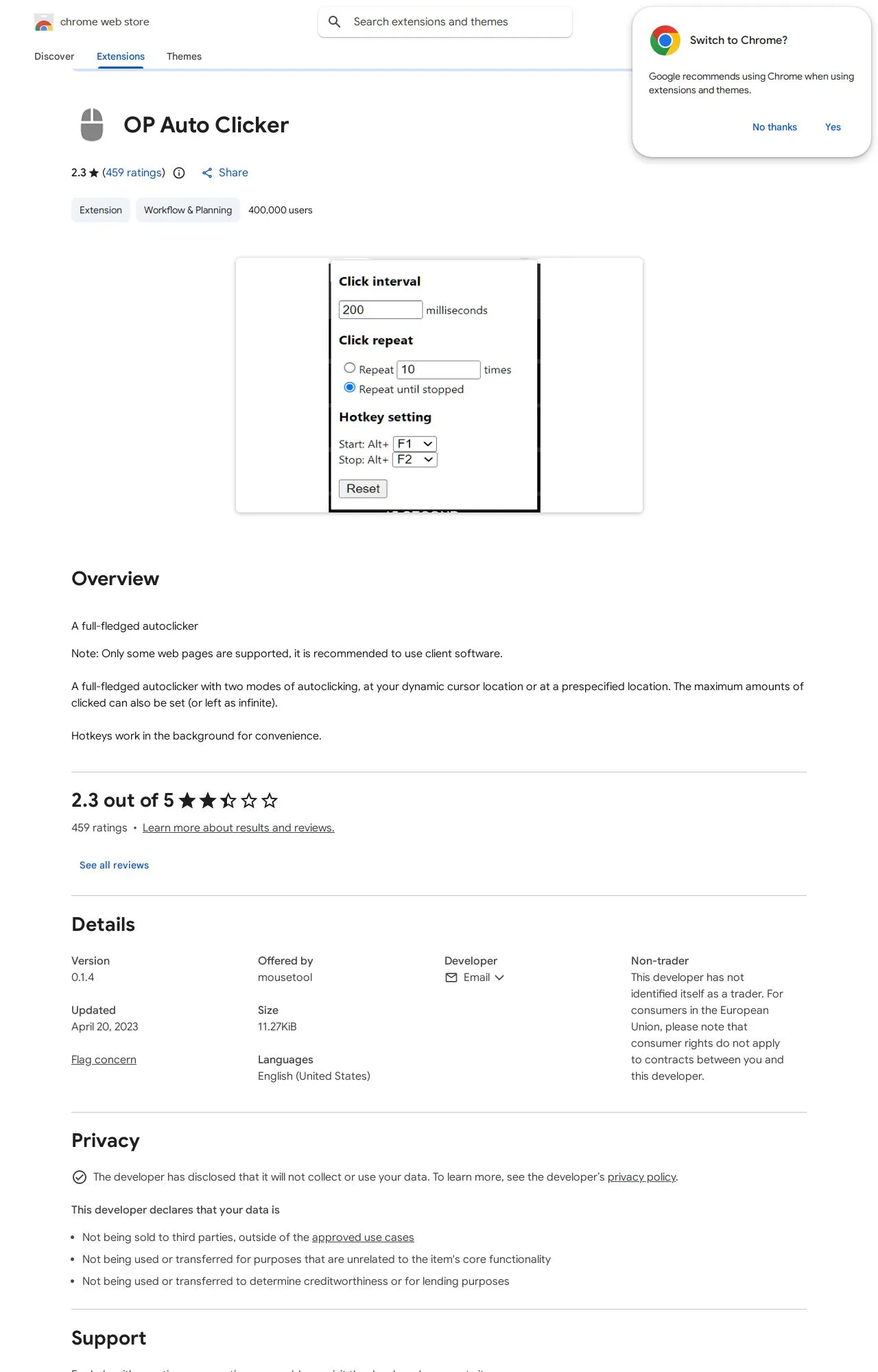 OP Auto Clicker listing on the Chrome Web Store