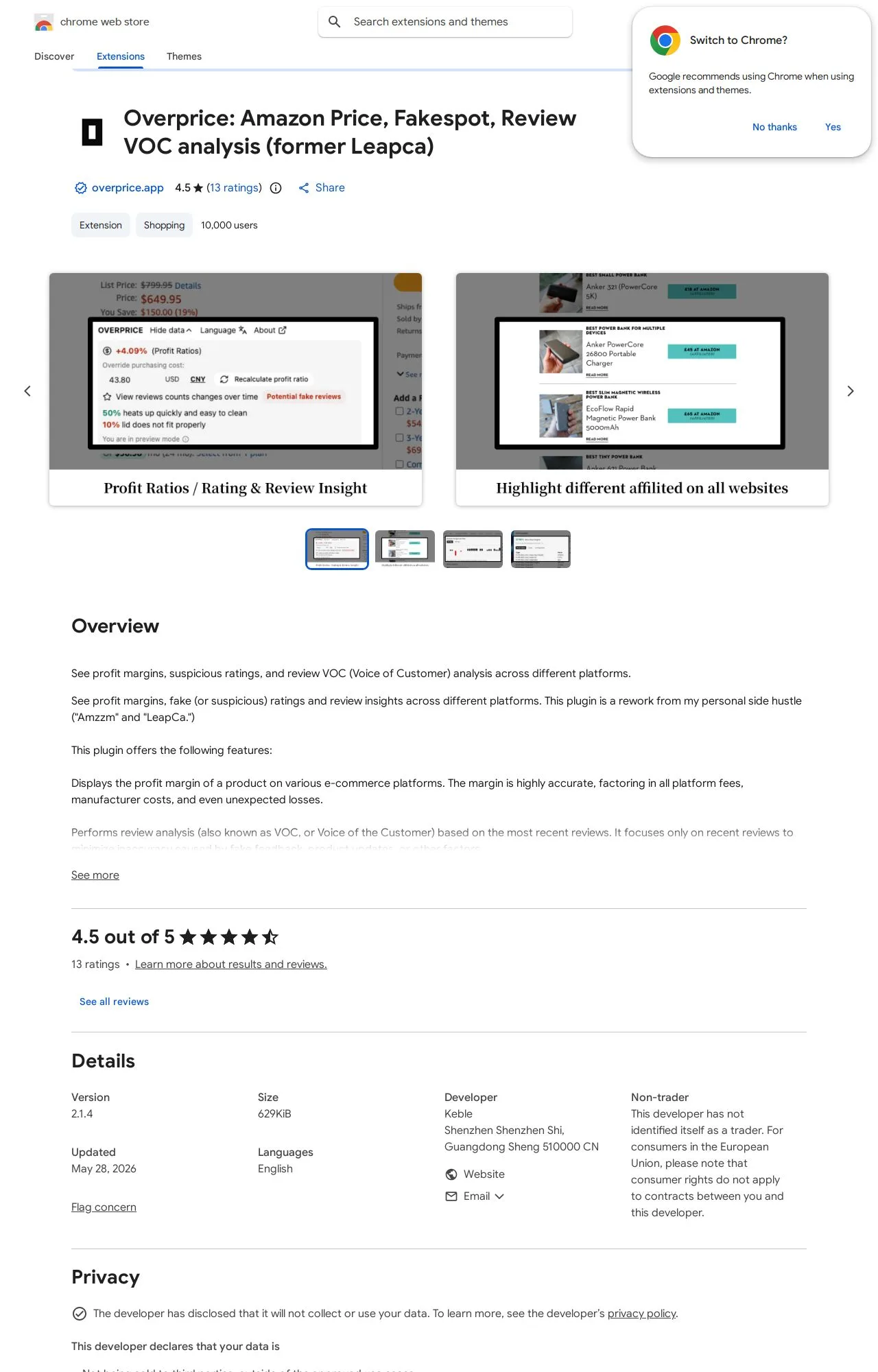 Overprice: Amazon Price, Fakespot, Review VOC analysis (former Leapca) listing on the Chrome Web Store