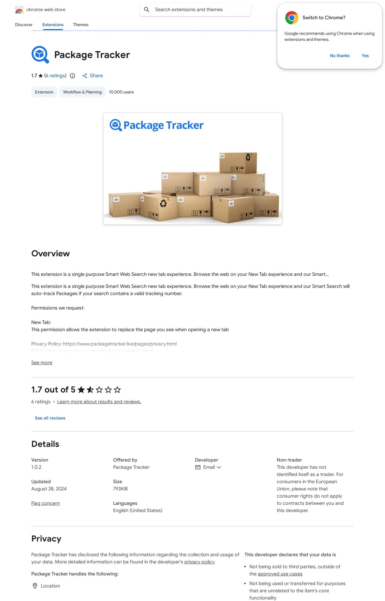 Package Tracker listing on the Chrome Web Store