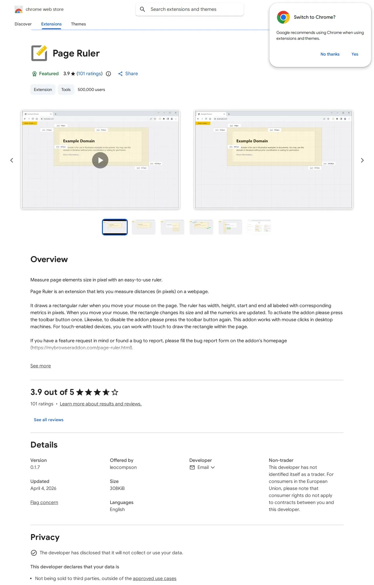Page Ruler listing on the Chrome Web Store