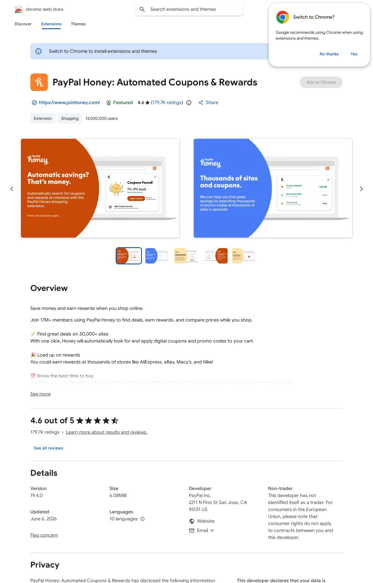 PayPal Honey: Automated Coupons & Rewards listing on the Chrome Web Store