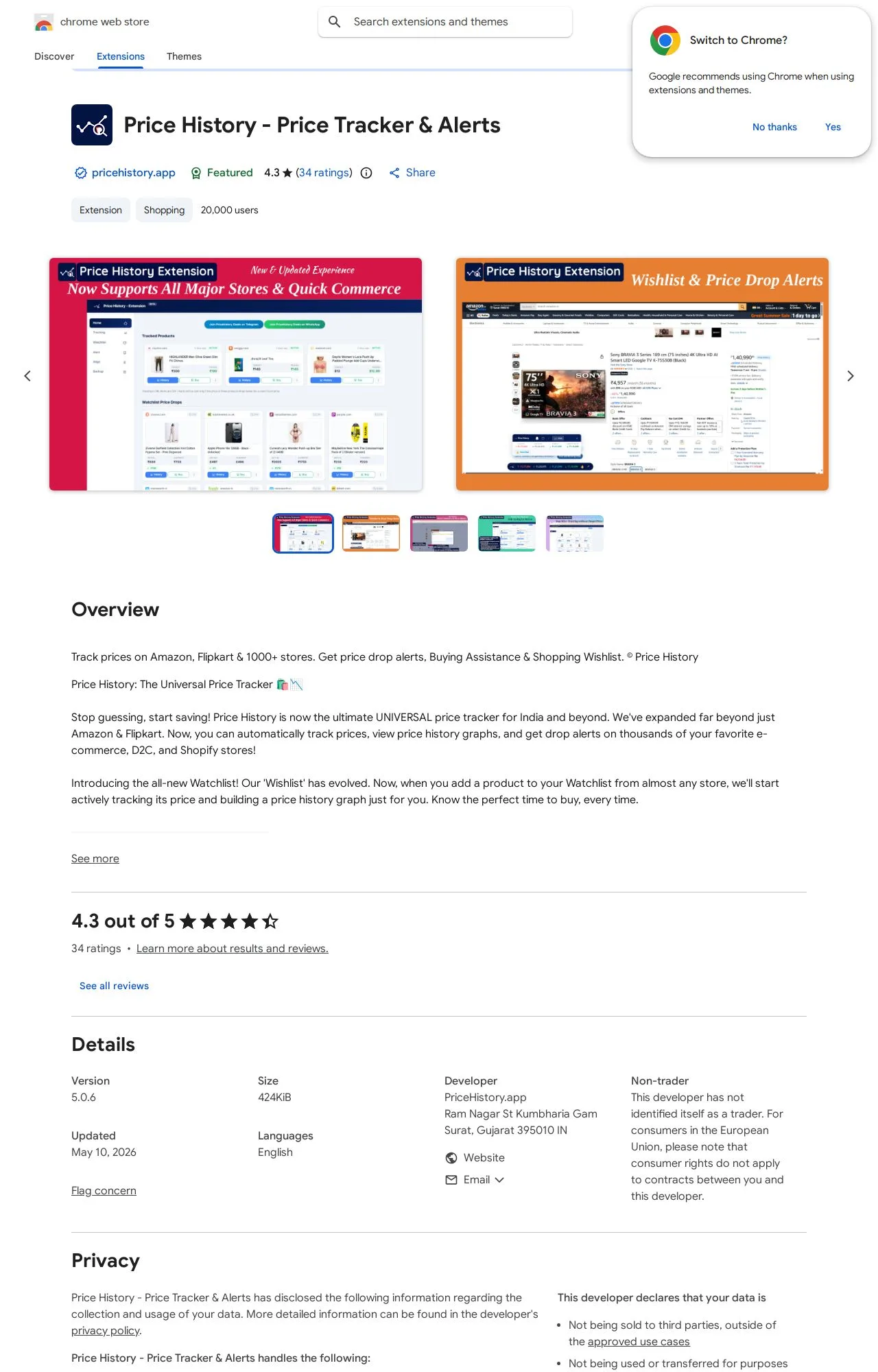 Price History - Price Tracker & Alerts listing on the Chrome Web Store
