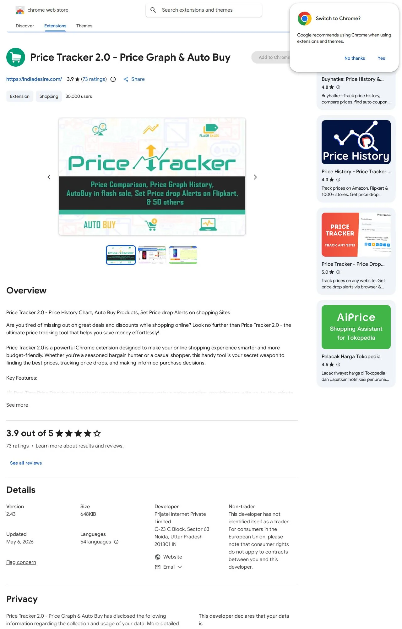 Price Tracker 2.0 - Price Graph & Auto Buy listing on the Chrome Web Store