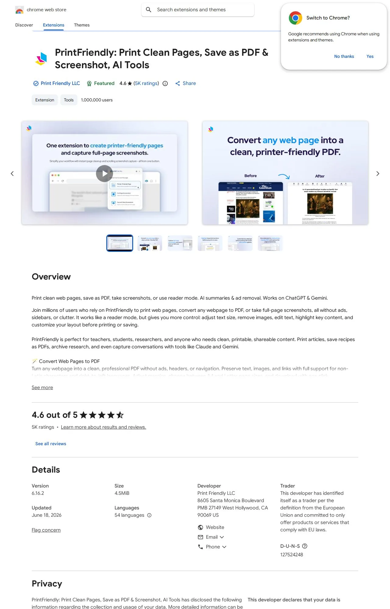 PrintFriendly: Reader Mode, PDF Editor, Save as PDF & Screenshot listing on the Chrome Web Store