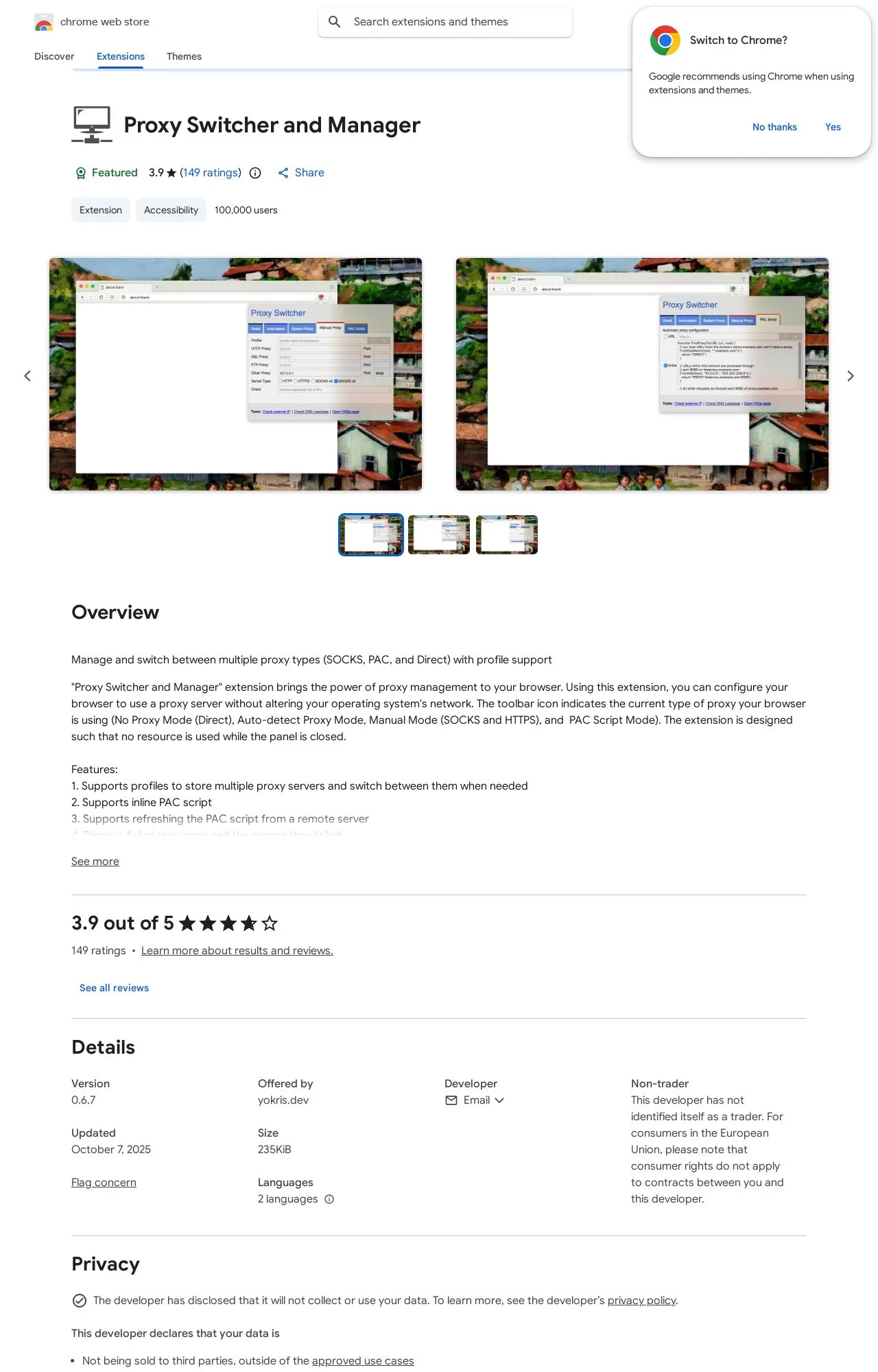 Proxy Switcher and Manager listing on the Chrome Web Store