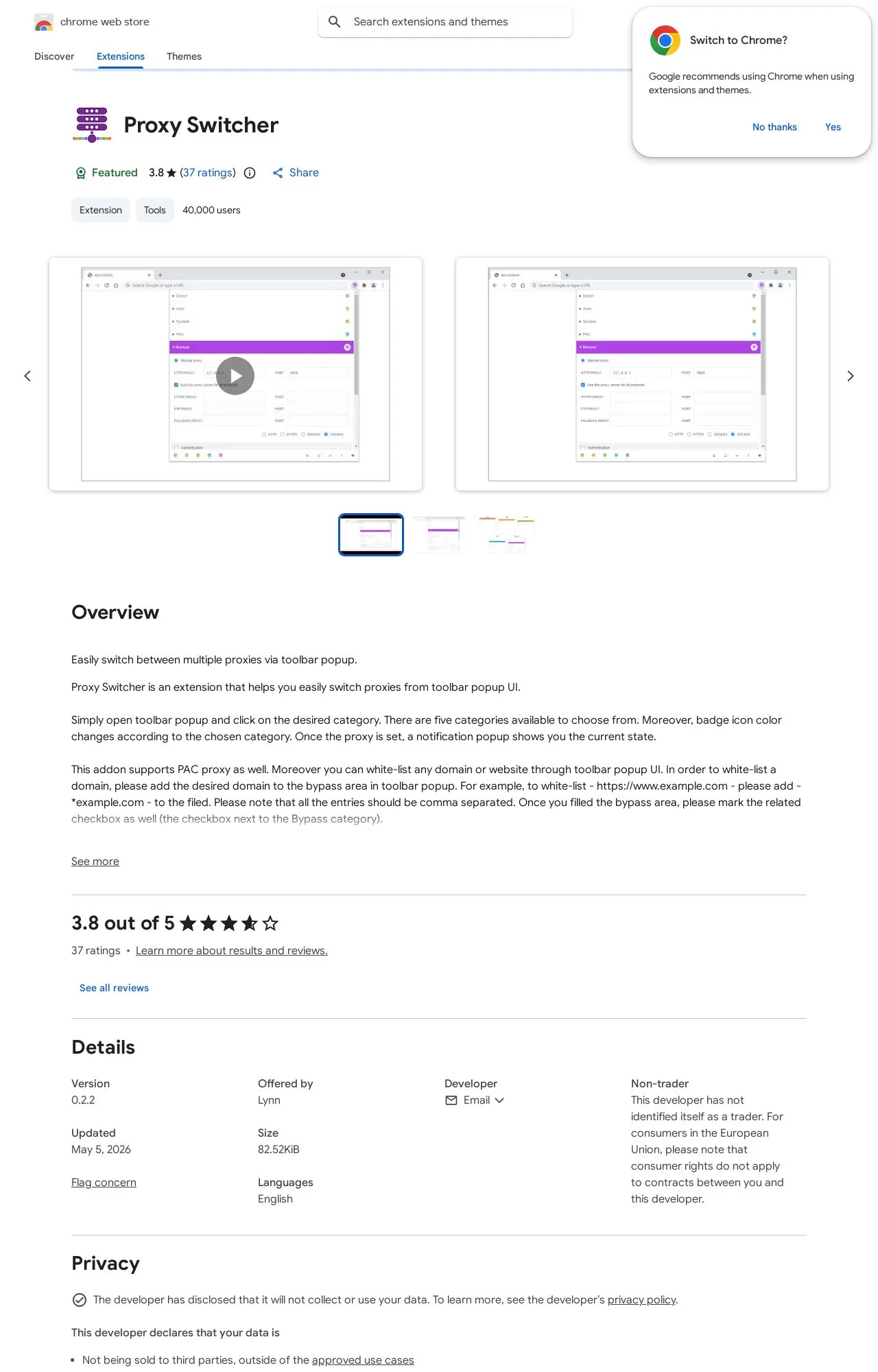 Proxy Switcher listing on the Chrome Web Store
