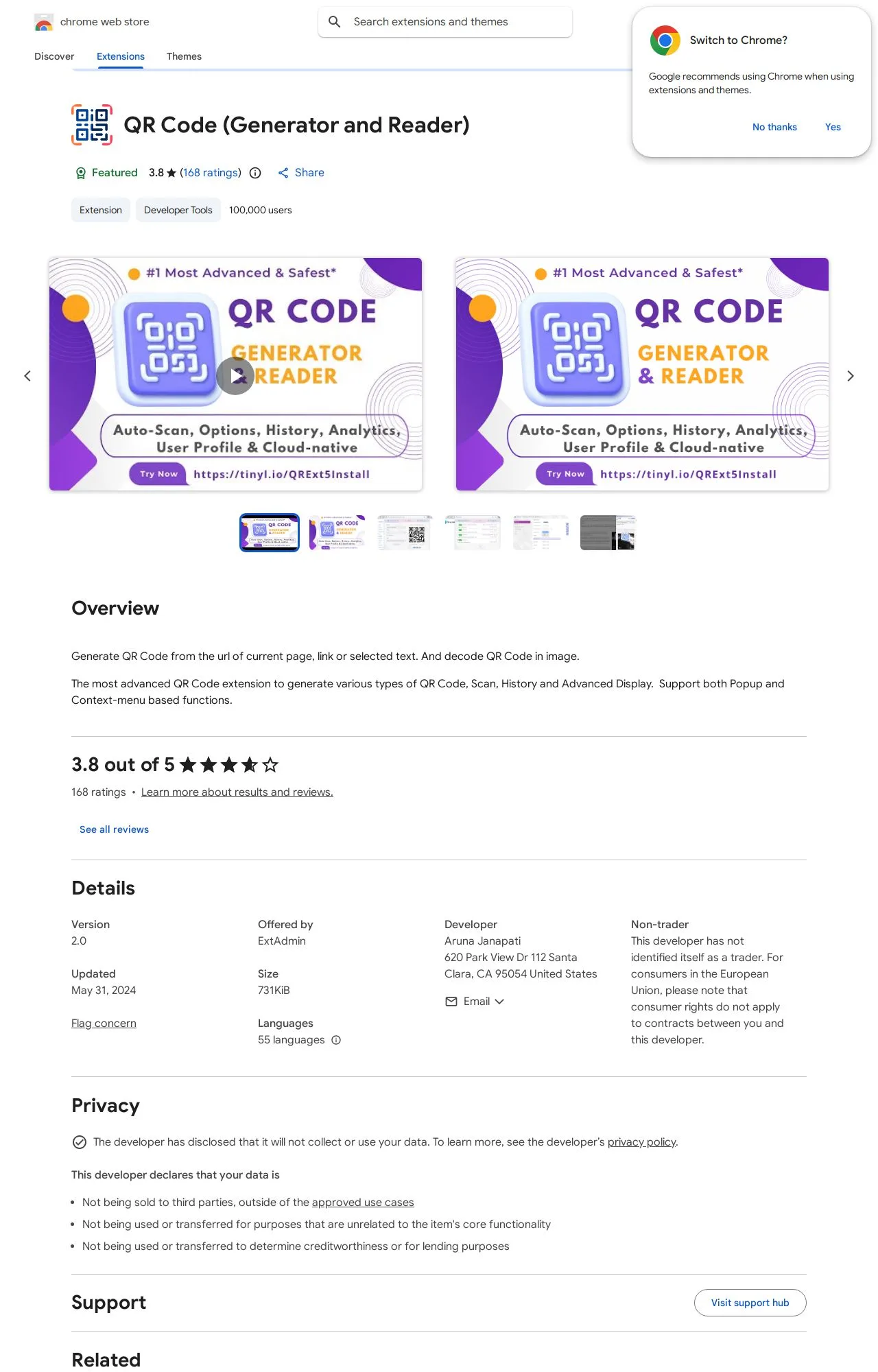 QR Code (Generator and Reader) listing on the Chrome Web Store