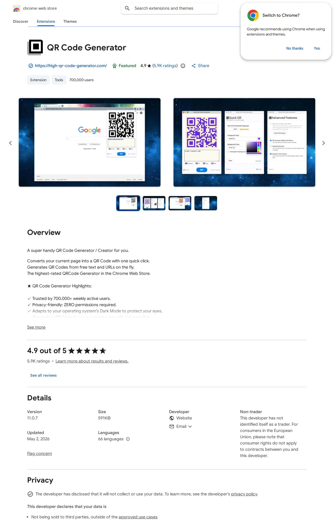 QR Code Generator listing on the Chrome Web Store
