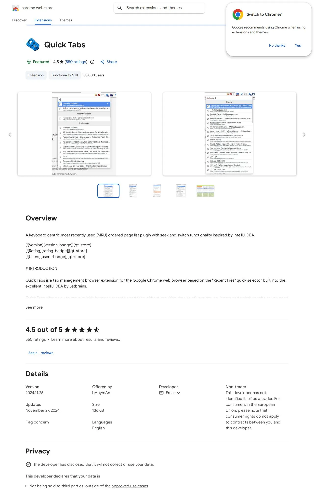 Quick Tabs listing on the Chrome Web Store