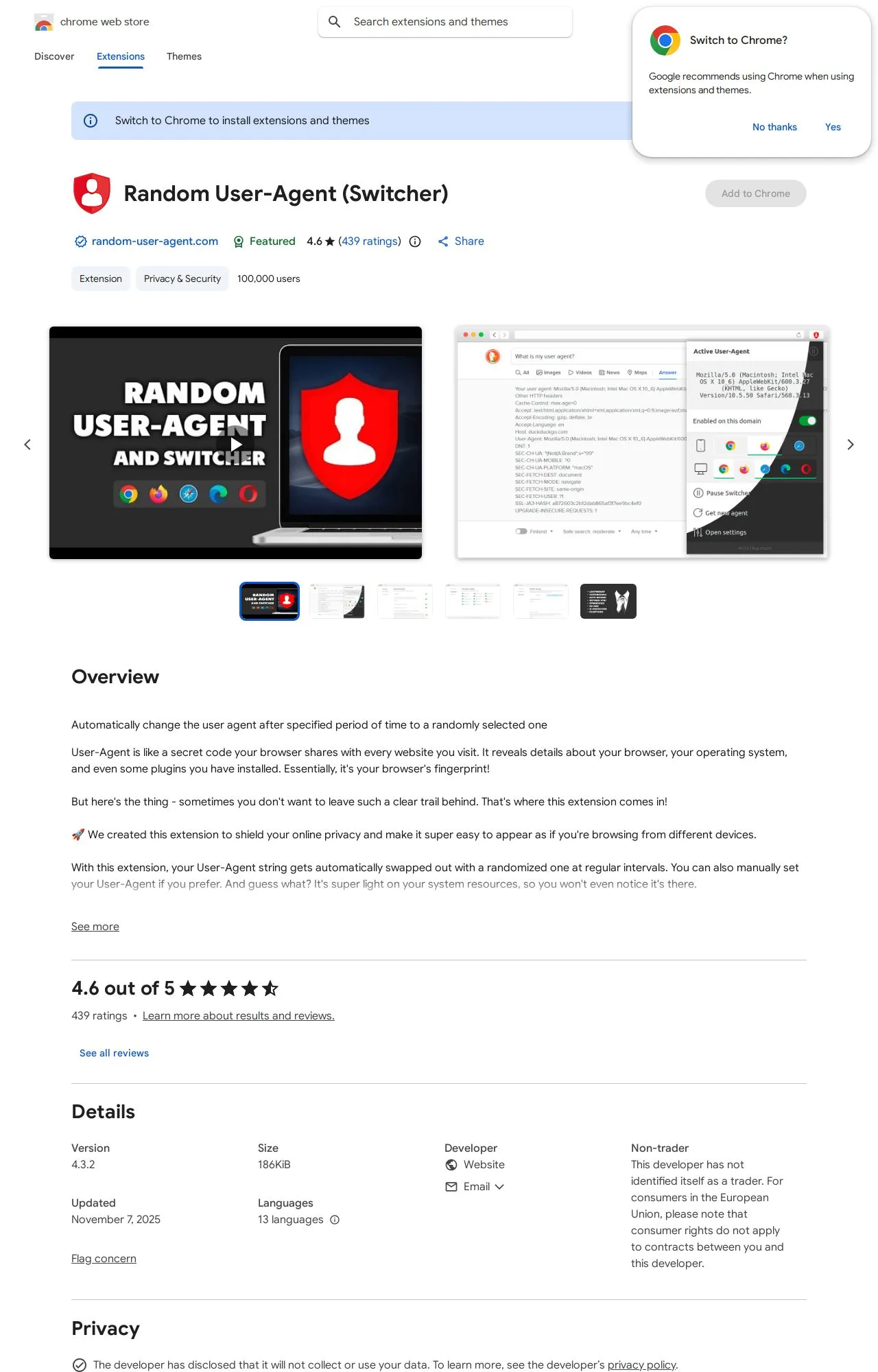 Random User-Agent (Switcher) listing on the Chrome Web Store