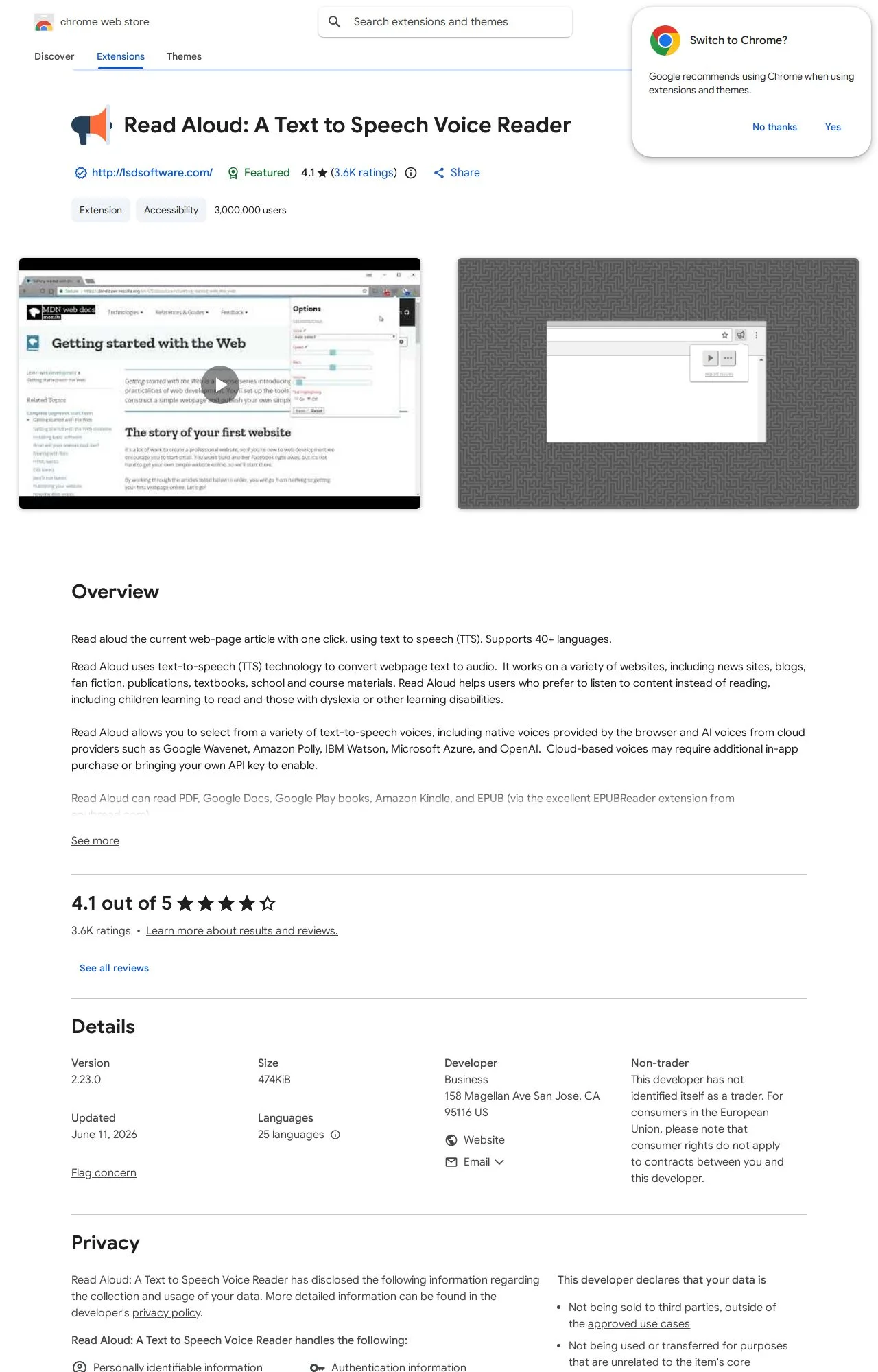 Read Aloud: A Text to Speech Voice Reader listing on the Chrome Web Store