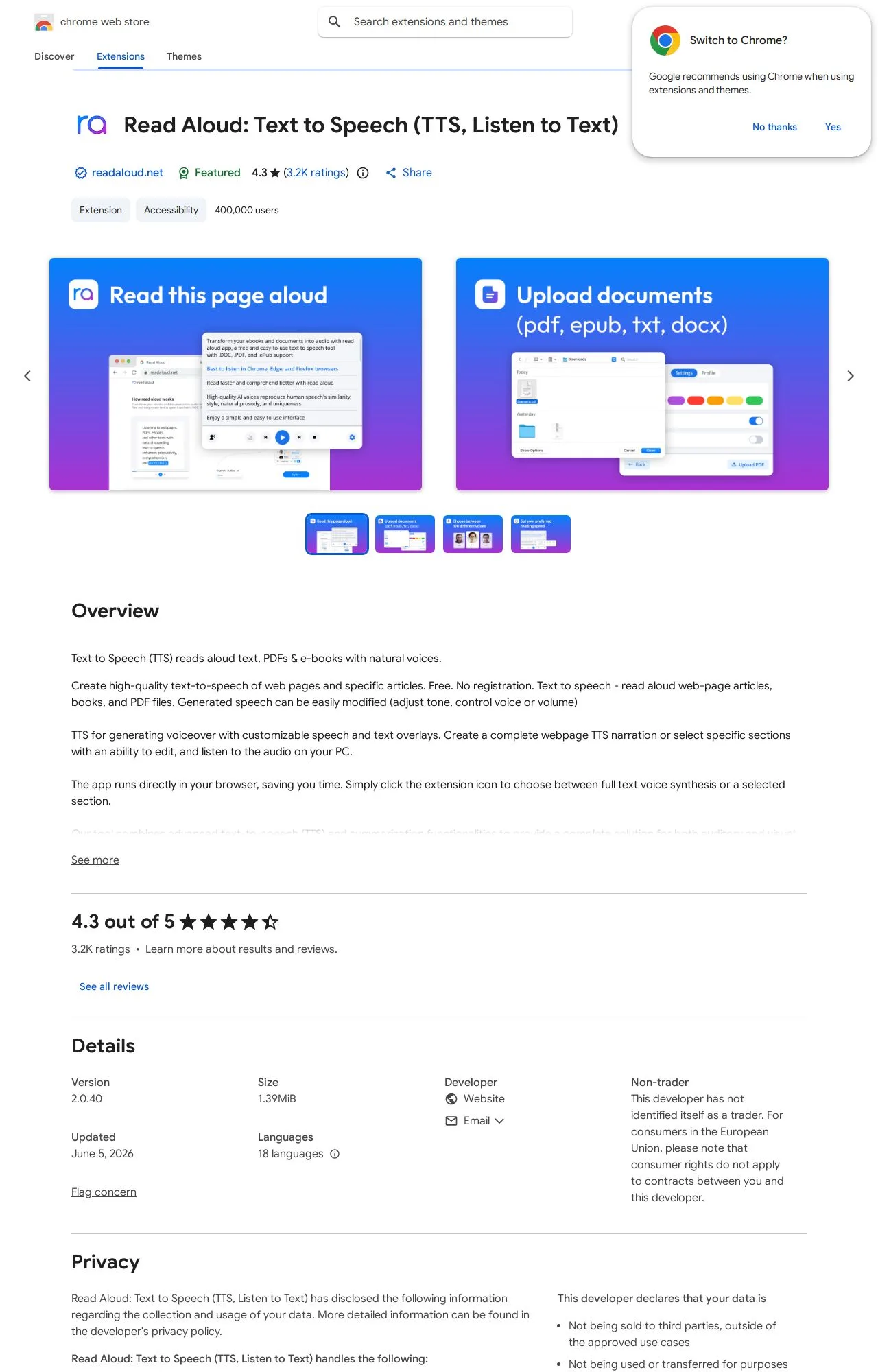 Read Aloud: Text to Speech (TTS, Listen to Text) listing on the Chrome Web Store