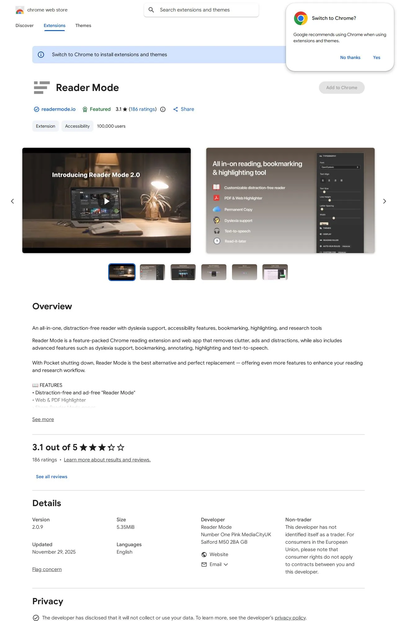 Reader Mode listing on the Chrome Web Store