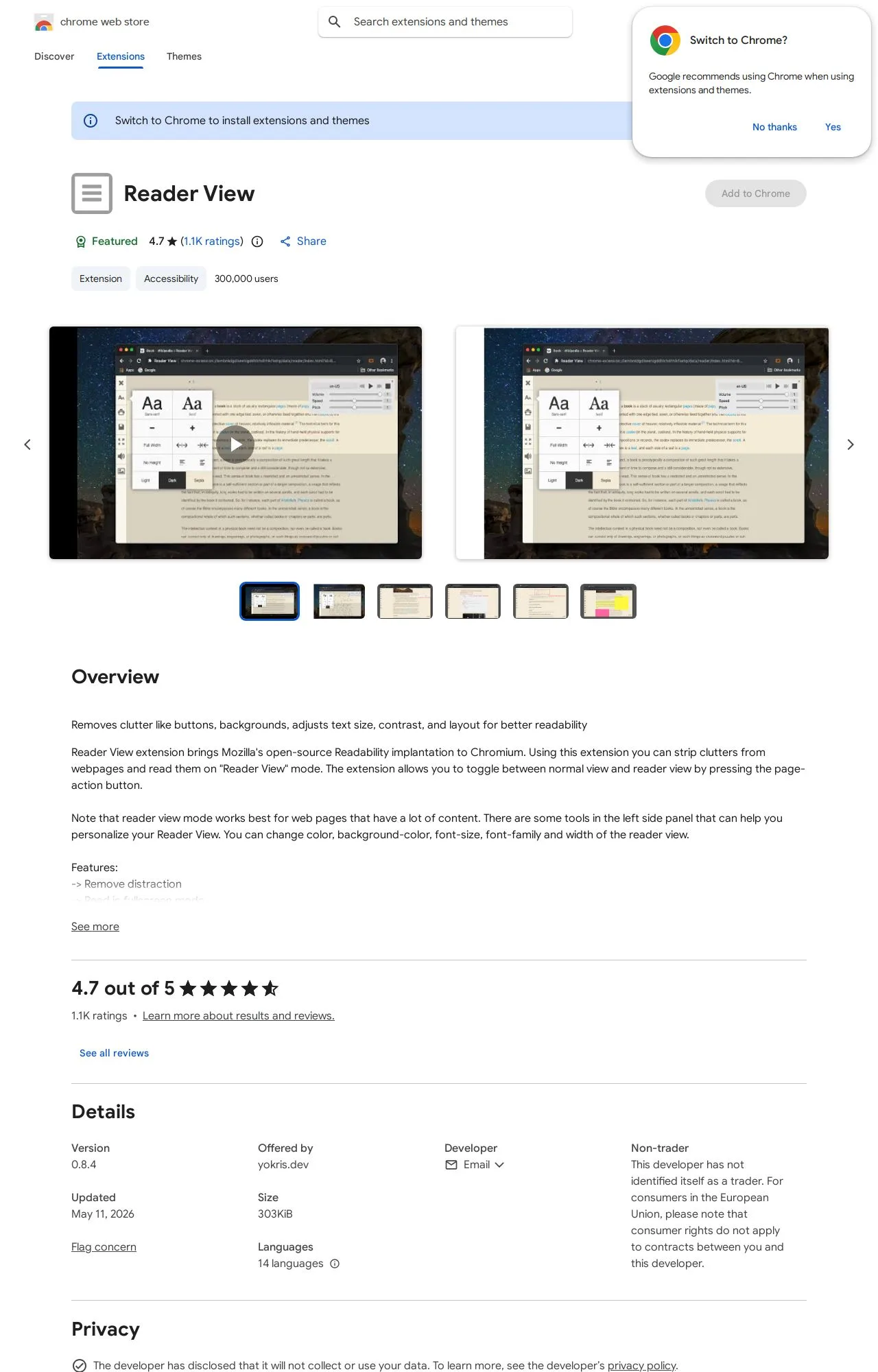 Reader View listing on the Chrome Web Store