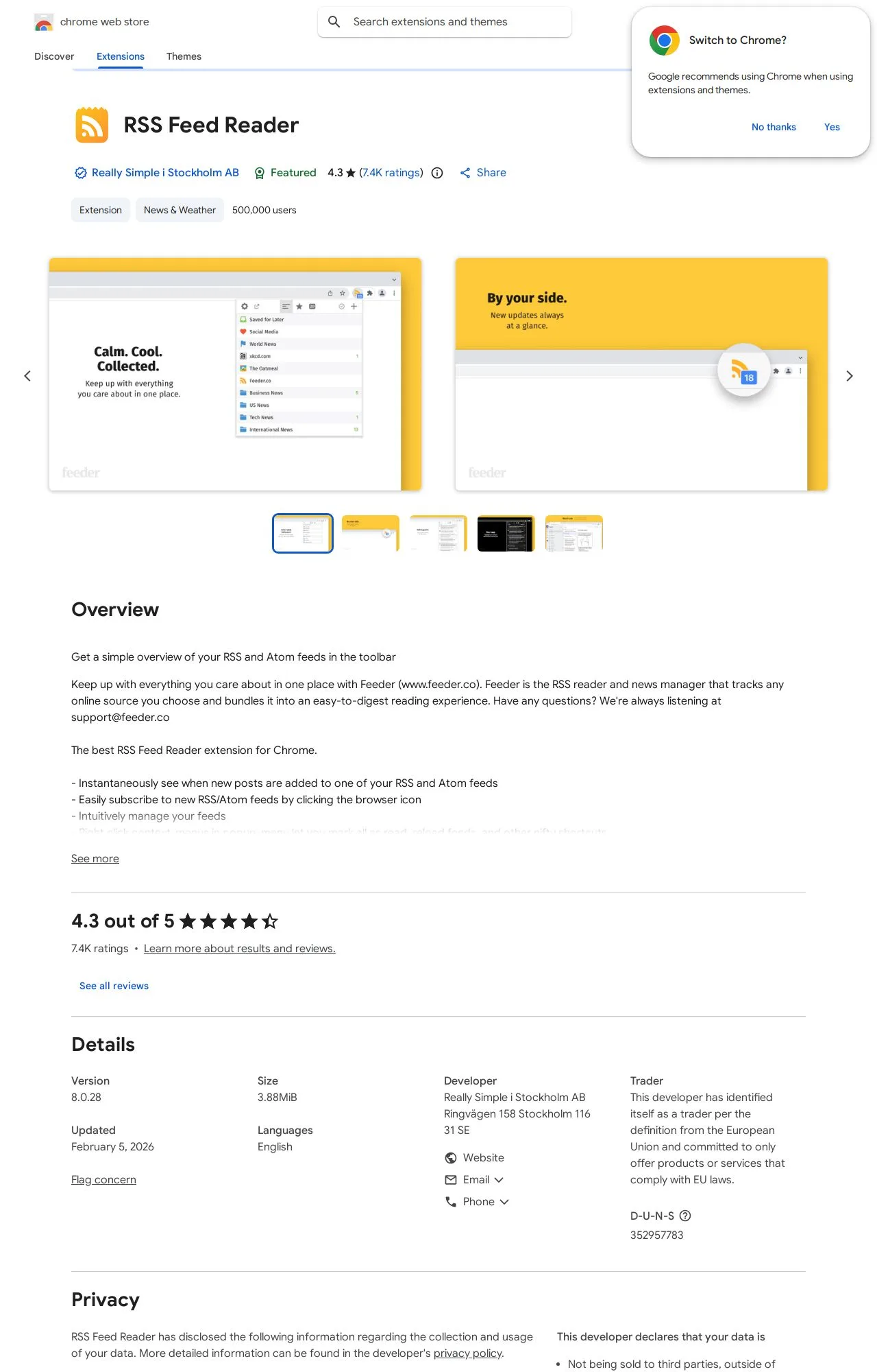 RSS Feed Reader listing on the Chrome Web Store