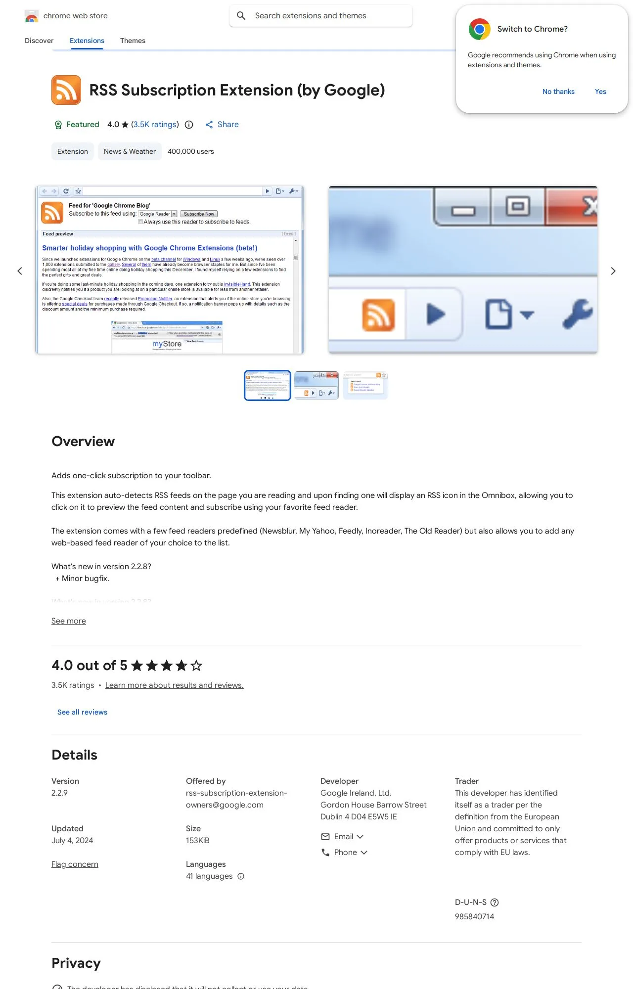 RSS Subscription Extension (by Google) listing on the Chrome Web Store