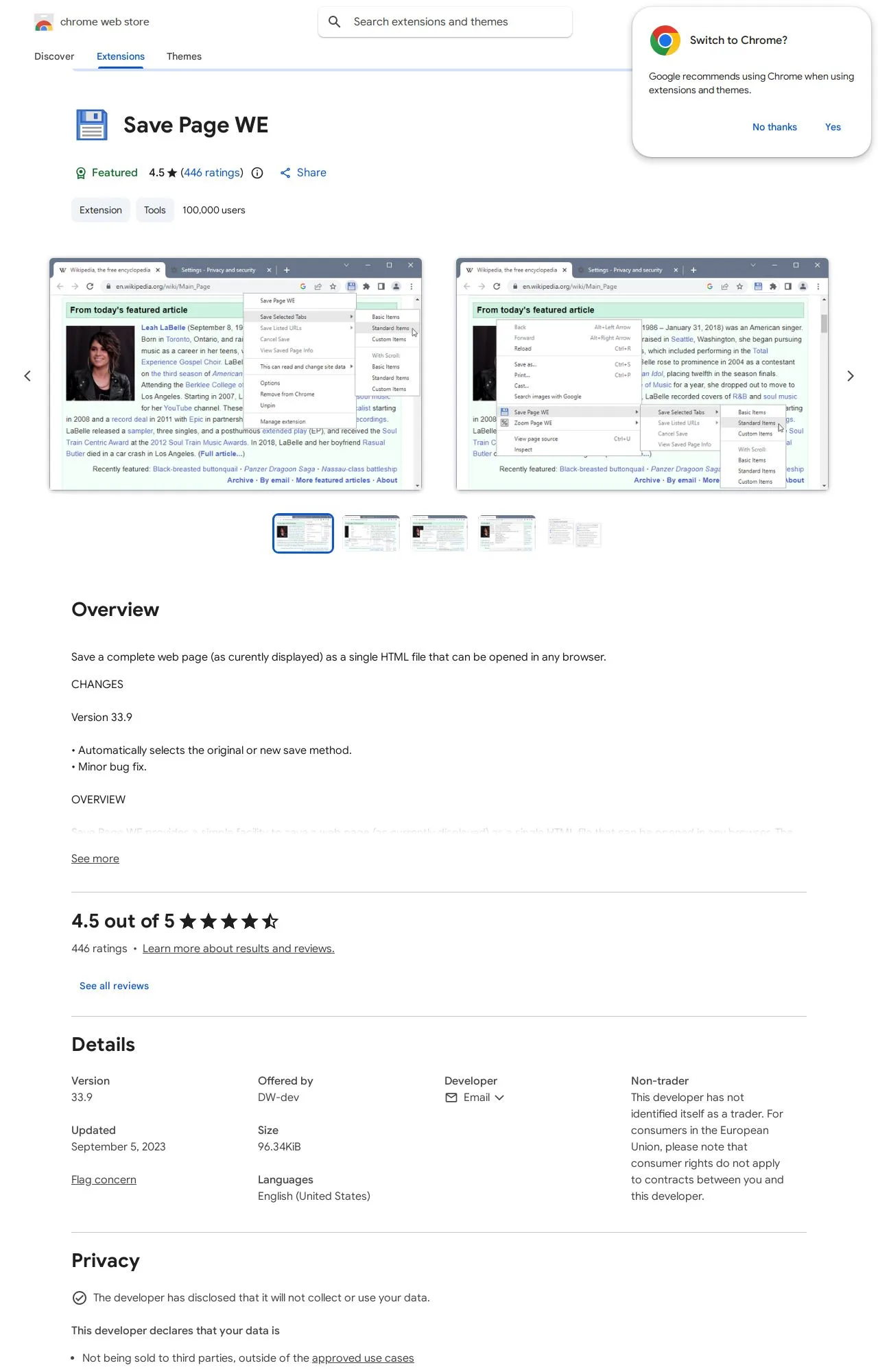 Save Page WE listing on the Chrome Web Store