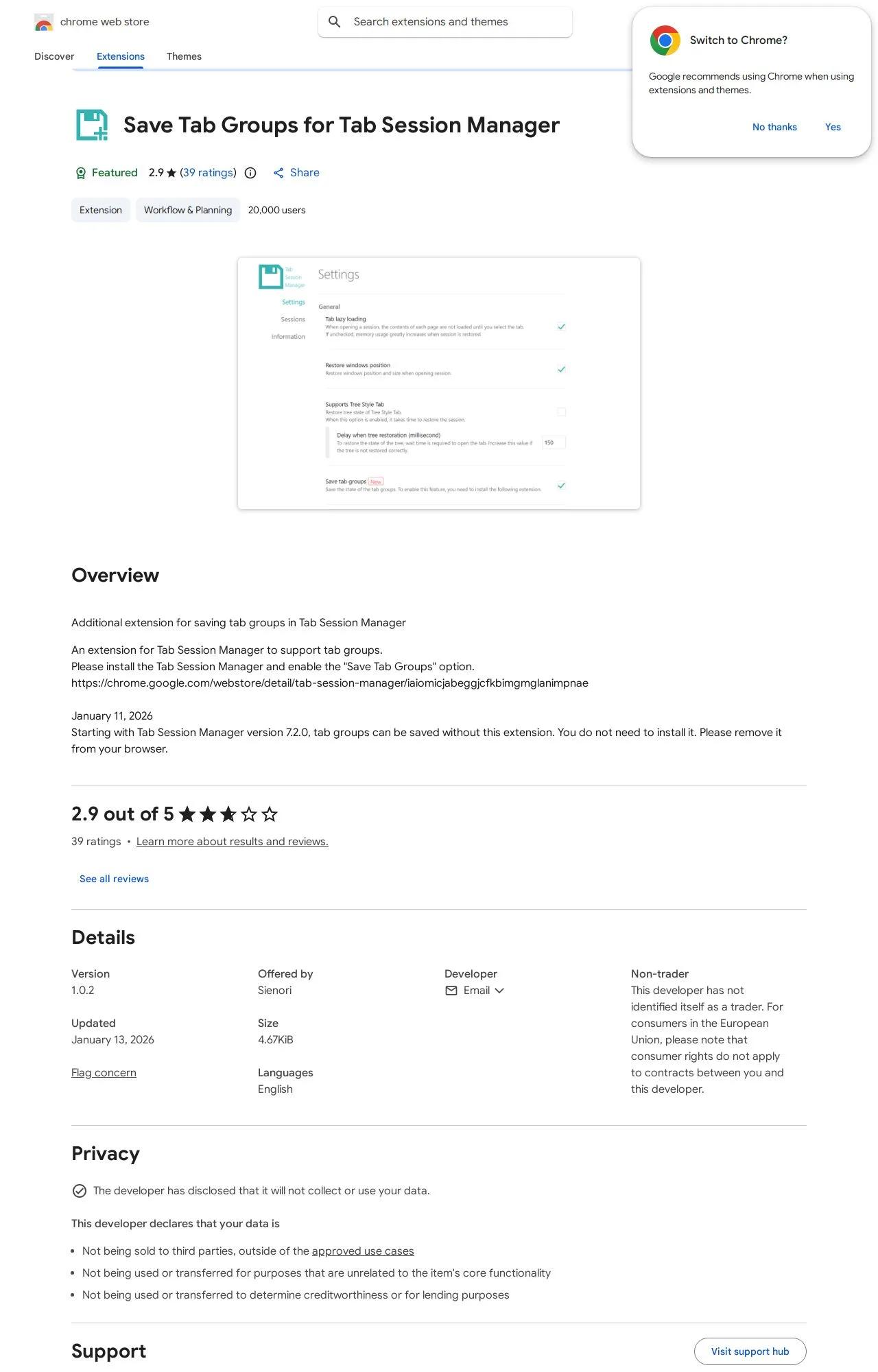 Save Tab Groups for Tab Session Manager listing on the Chrome Web Store