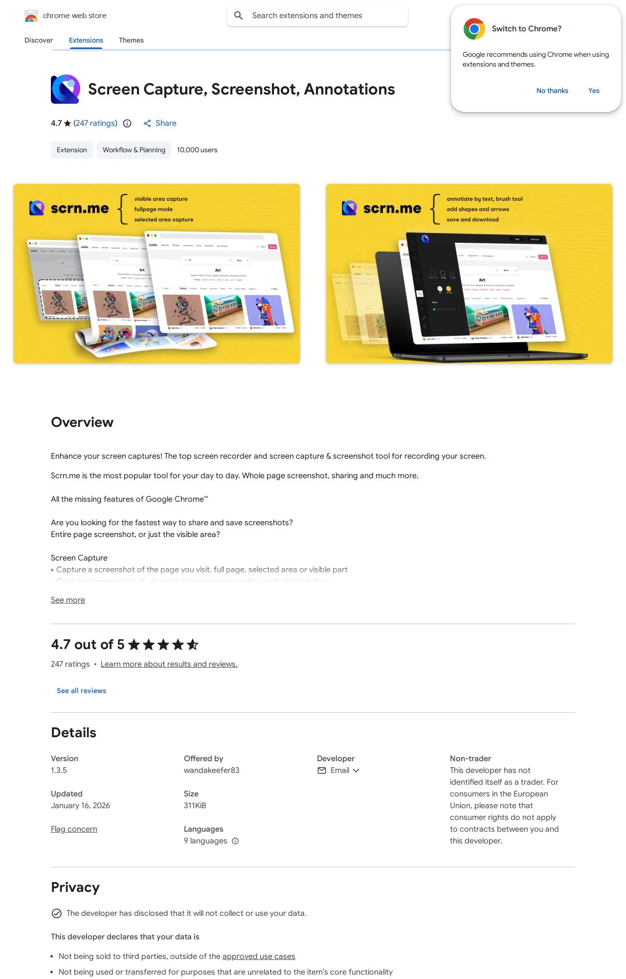 Screen Capture, Screenshot, Annotations listing on the Chrome Web Store
