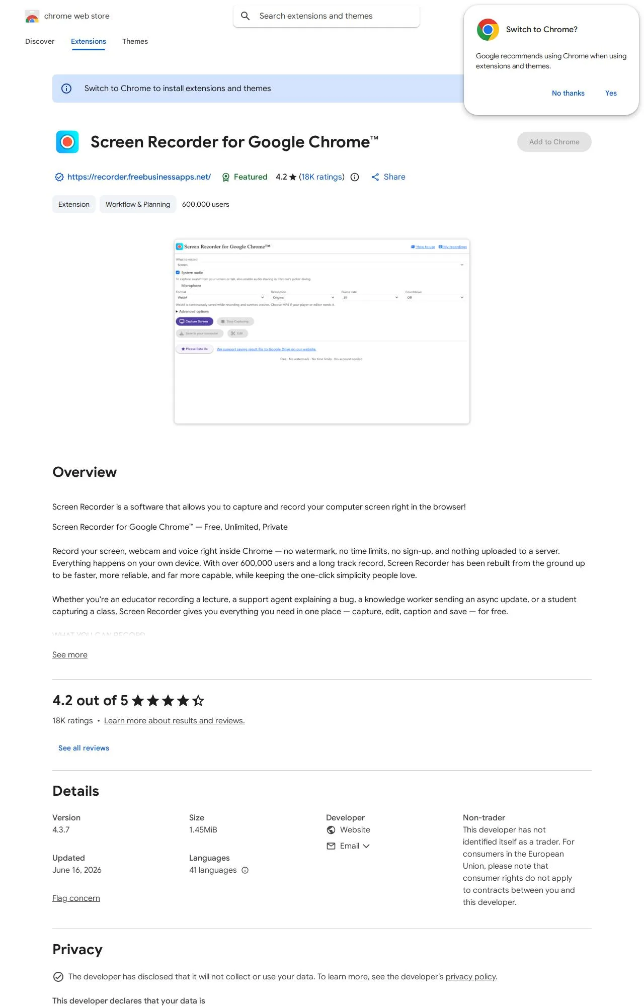 Screen Recorder for Google Chrome listing on the Chrome Web Store