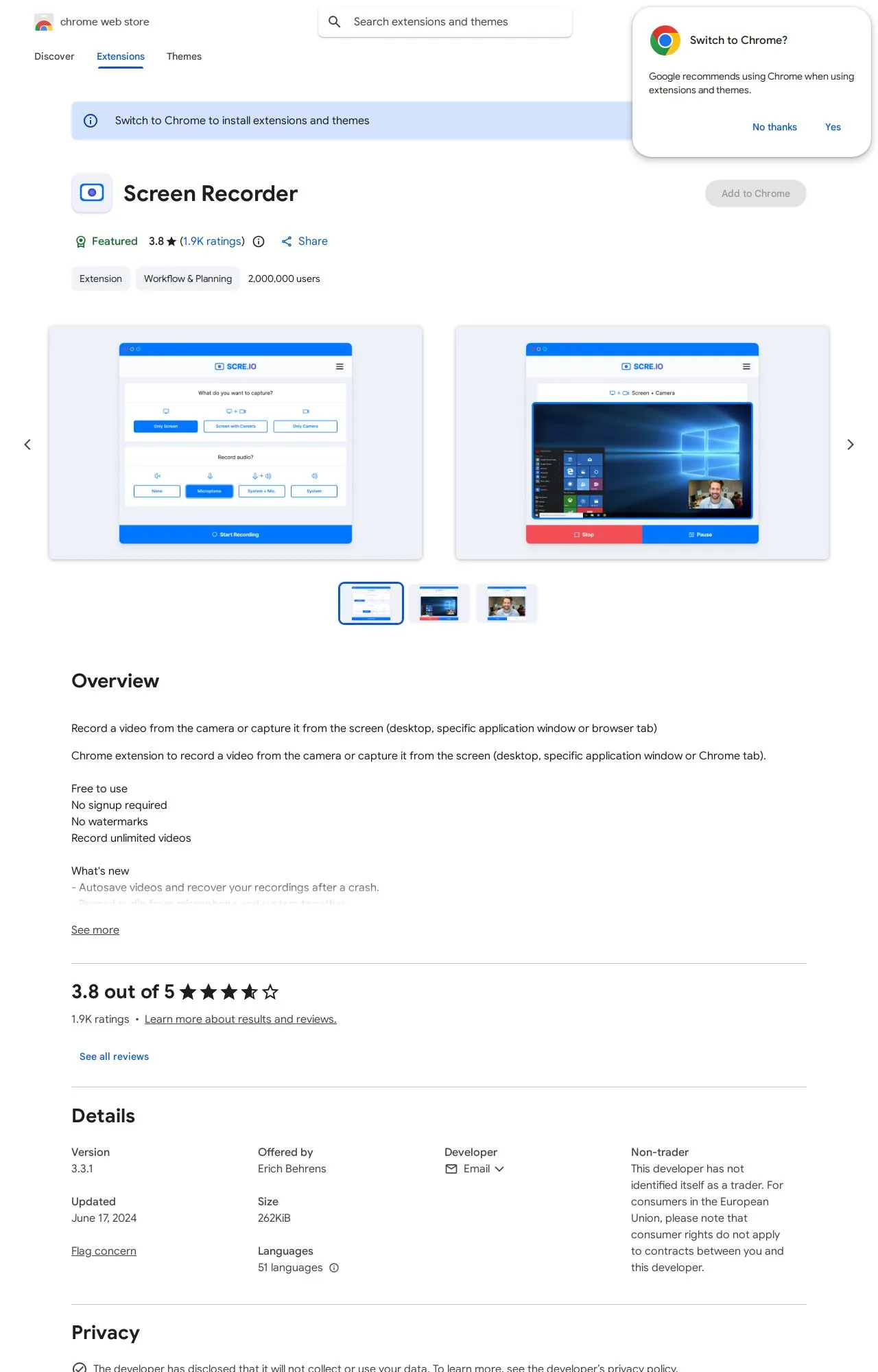 Screen Recorder listing on the Chrome Web Store