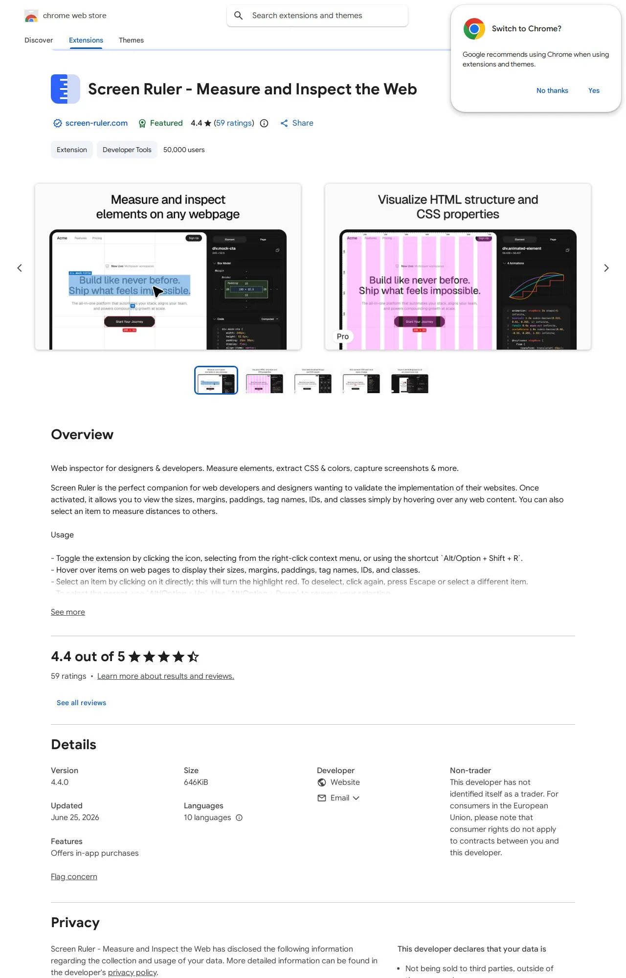 Screen Ruler - Measure and Inspect the Web listing on the Chrome Web Store