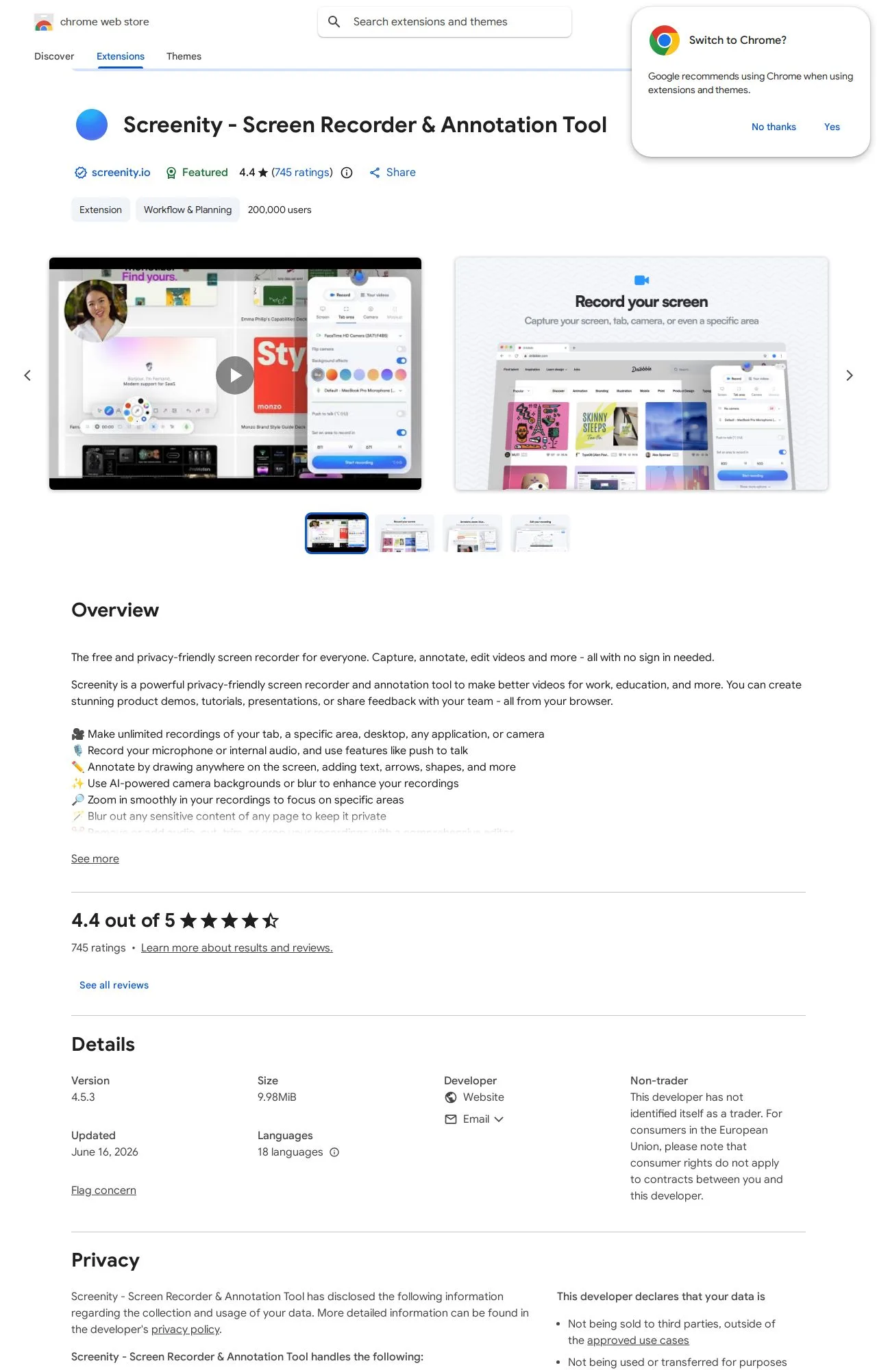 Screenity - Screen Recorder & Annotation Tool listing on the Chrome Web Store