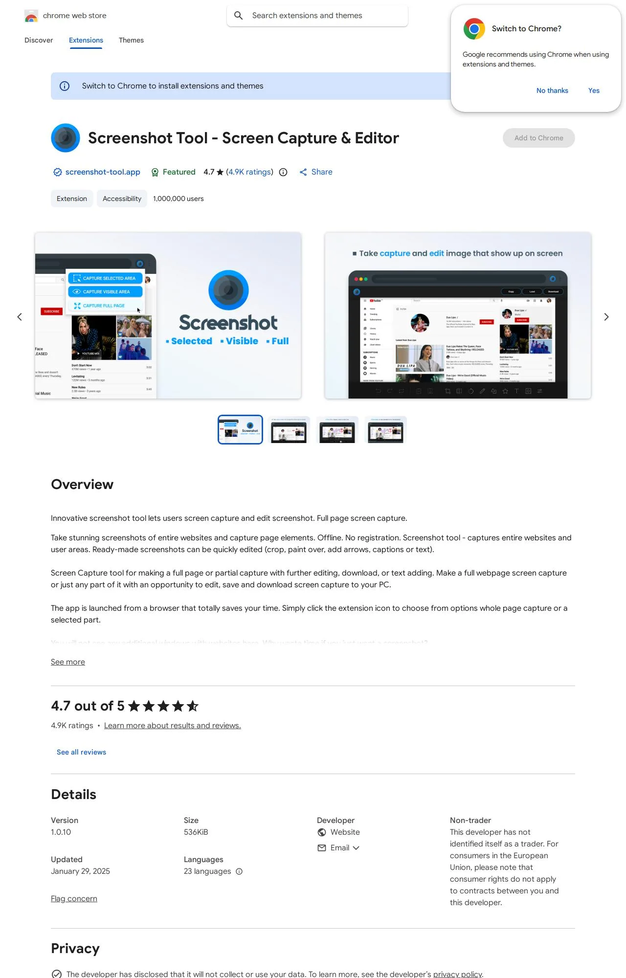 Screenshot Tool - Screen Capture & Editor listing on the Chrome Web Store