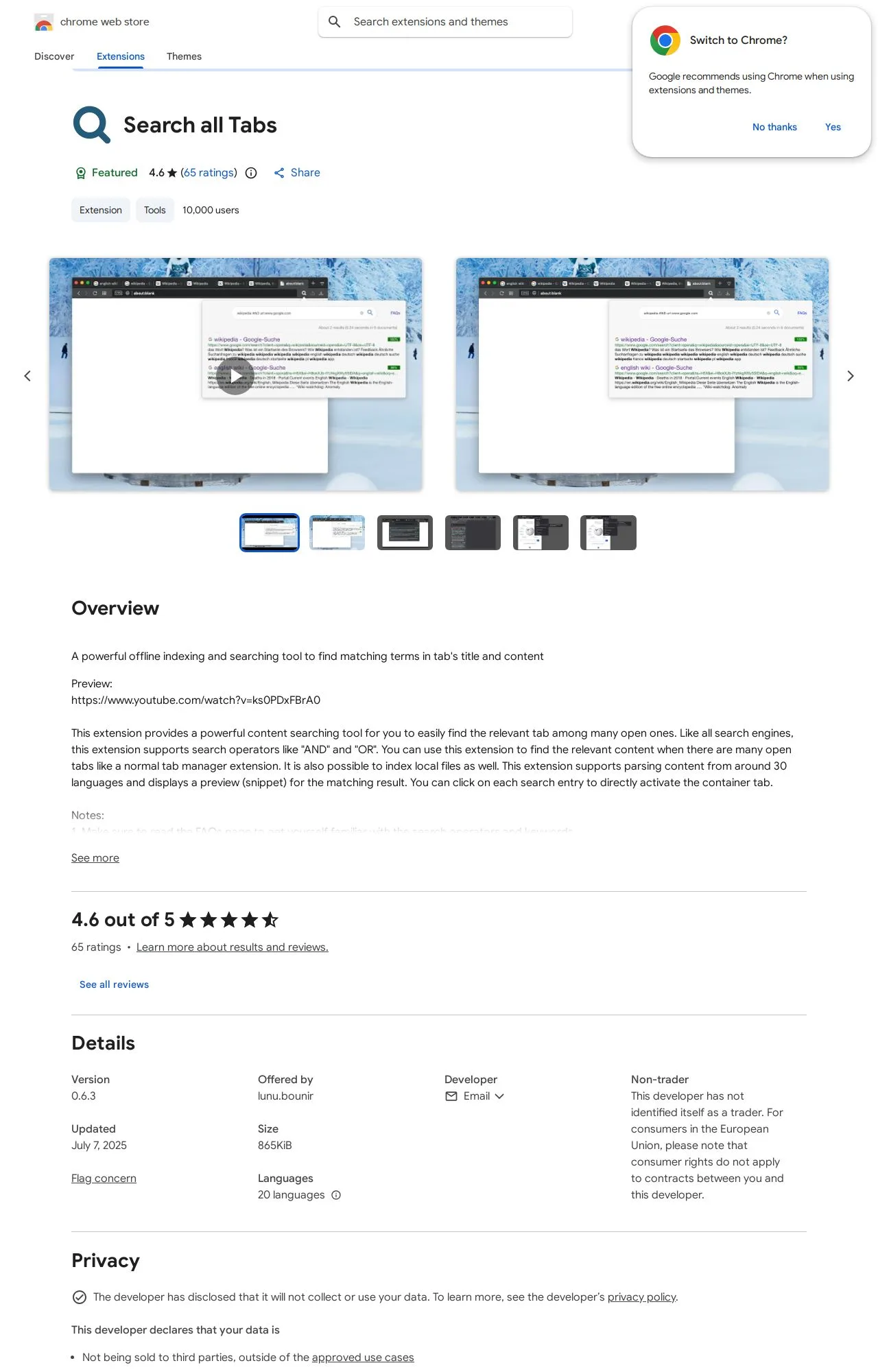 Search all Tabs listing on the Chrome Web Store