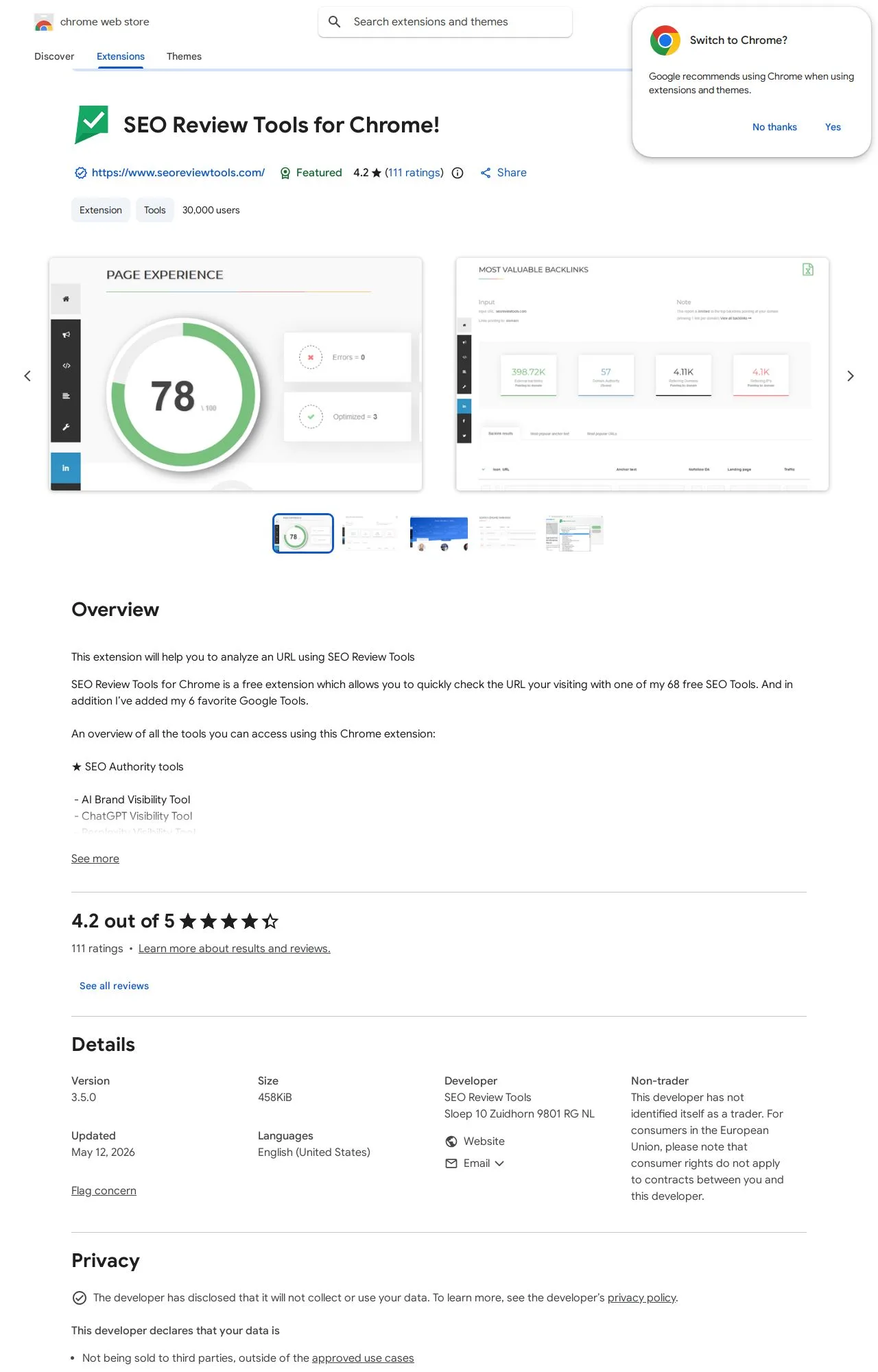 SEO Review Tools for Chrome! listing on the Chrome Web Store