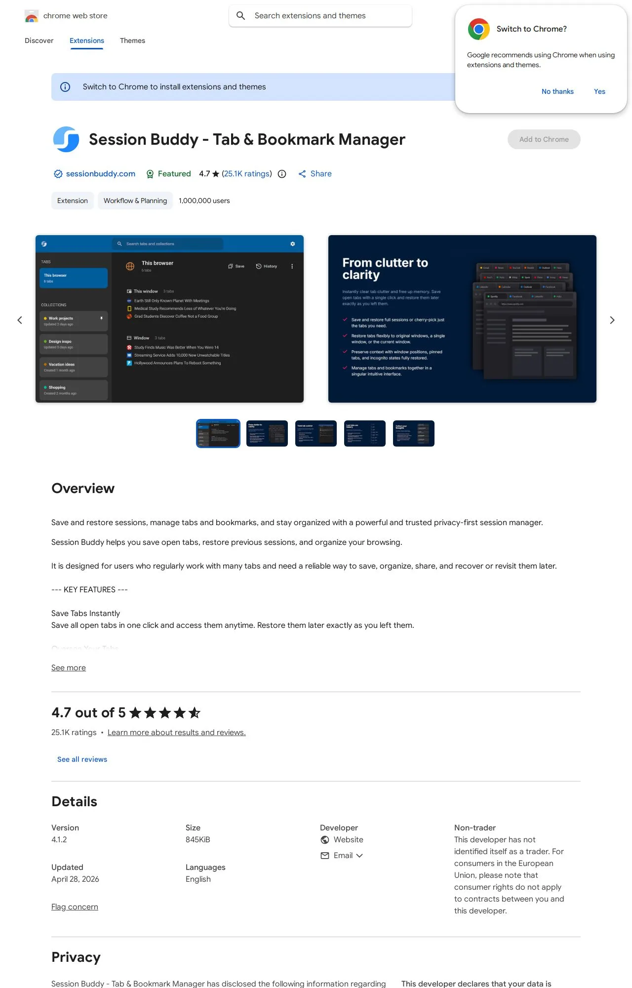 Session Buddy - Tab & Bookmark Manager listing on the Chrome Web Store