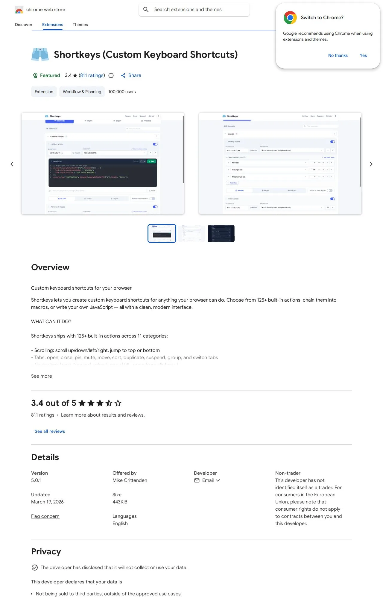 Shortkeys (Custom Keyboard Shortcuts) listing on the Chrome Web Store