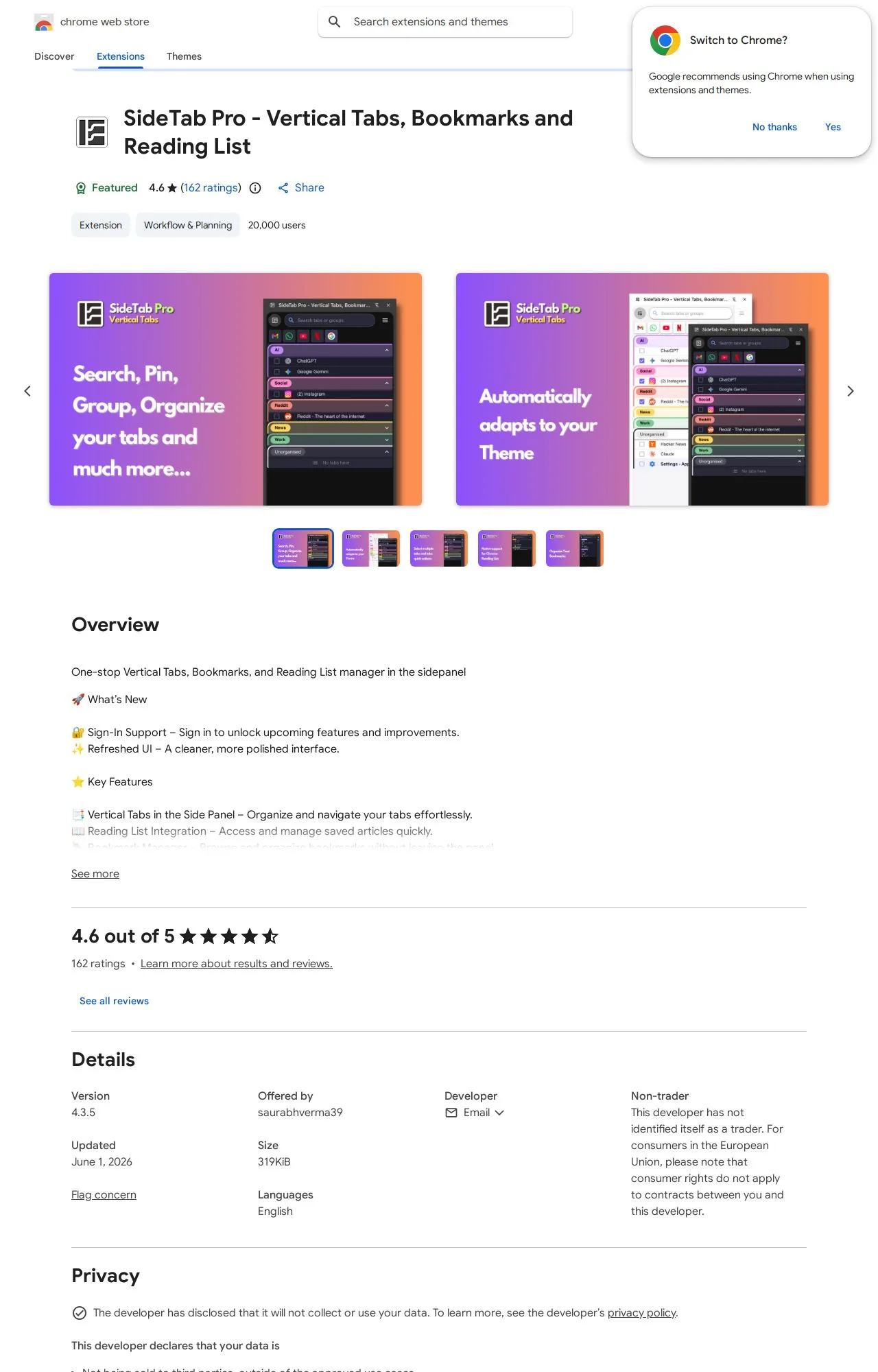 SideTab Pro - Vertical Tabs, Bookmarks and Reading List listing on the Chrome Web Store