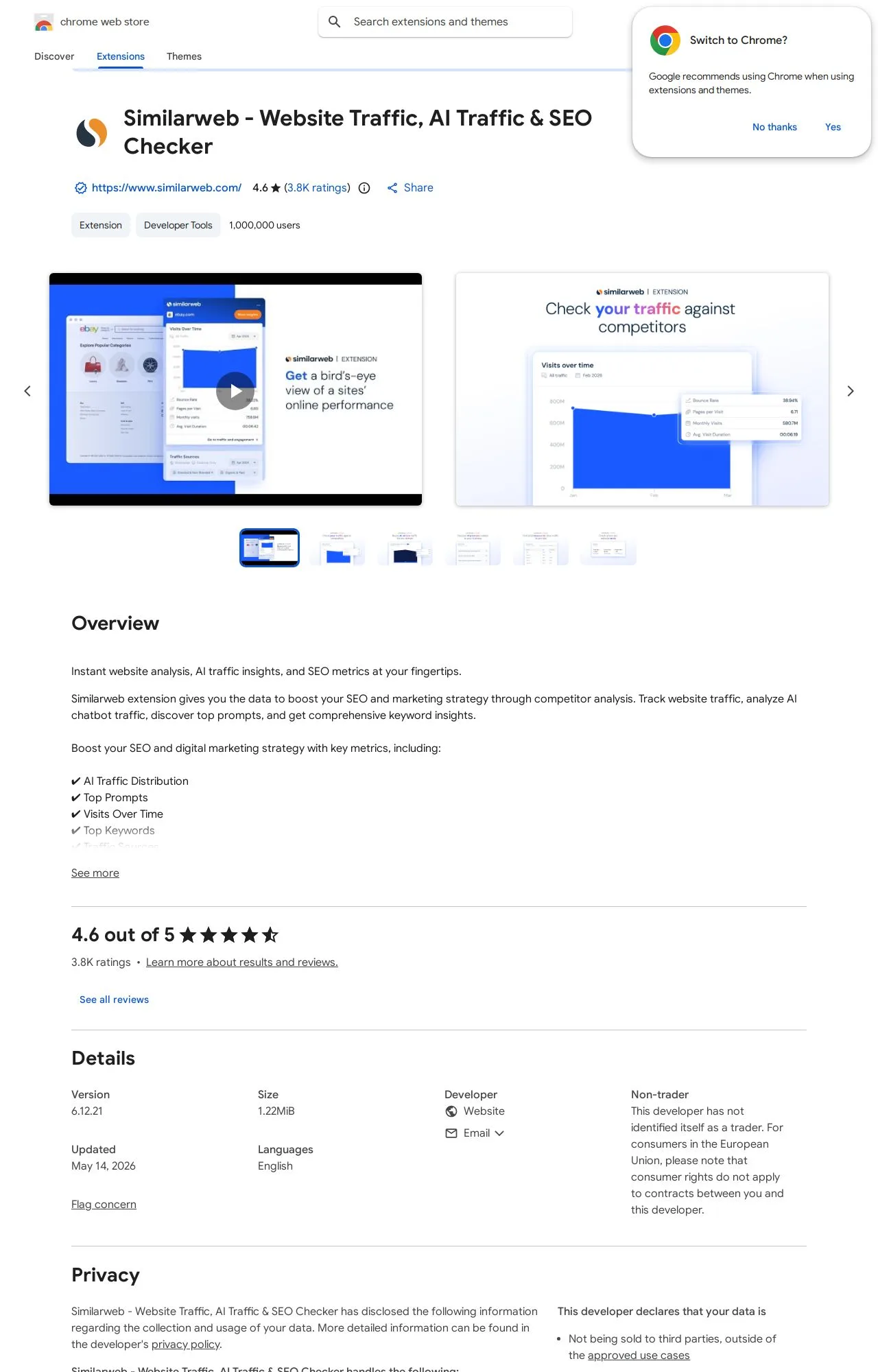 Similarweb - Website Traffic, AI Traffic & SEO Checker listing on the Chrome Web Store