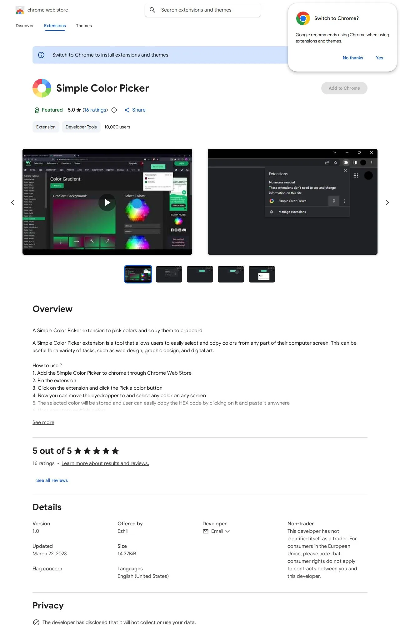 Simple Color Picker listing on the Chrome Web Store