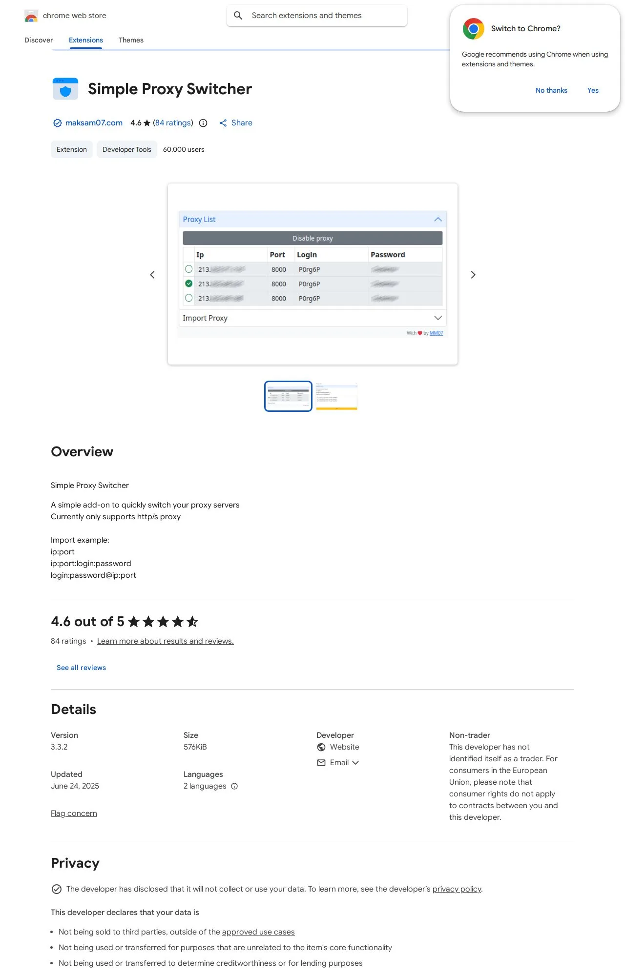 Simple Proxy Switcher listing on the Chrome Web Store
