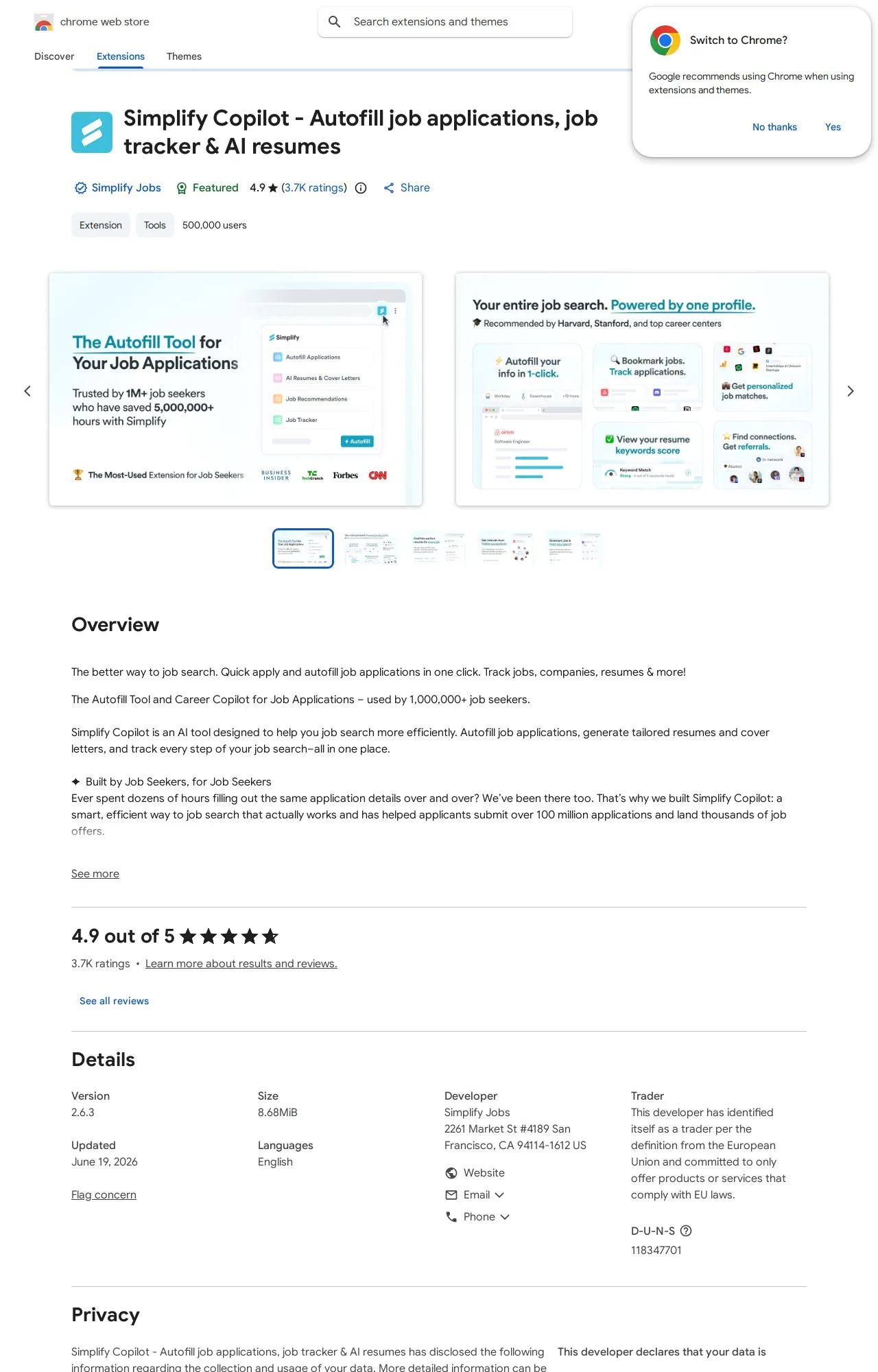 Simplify Copilot - Autofill job applications, job tracker & AI resumes listing on the Chrome Web Store