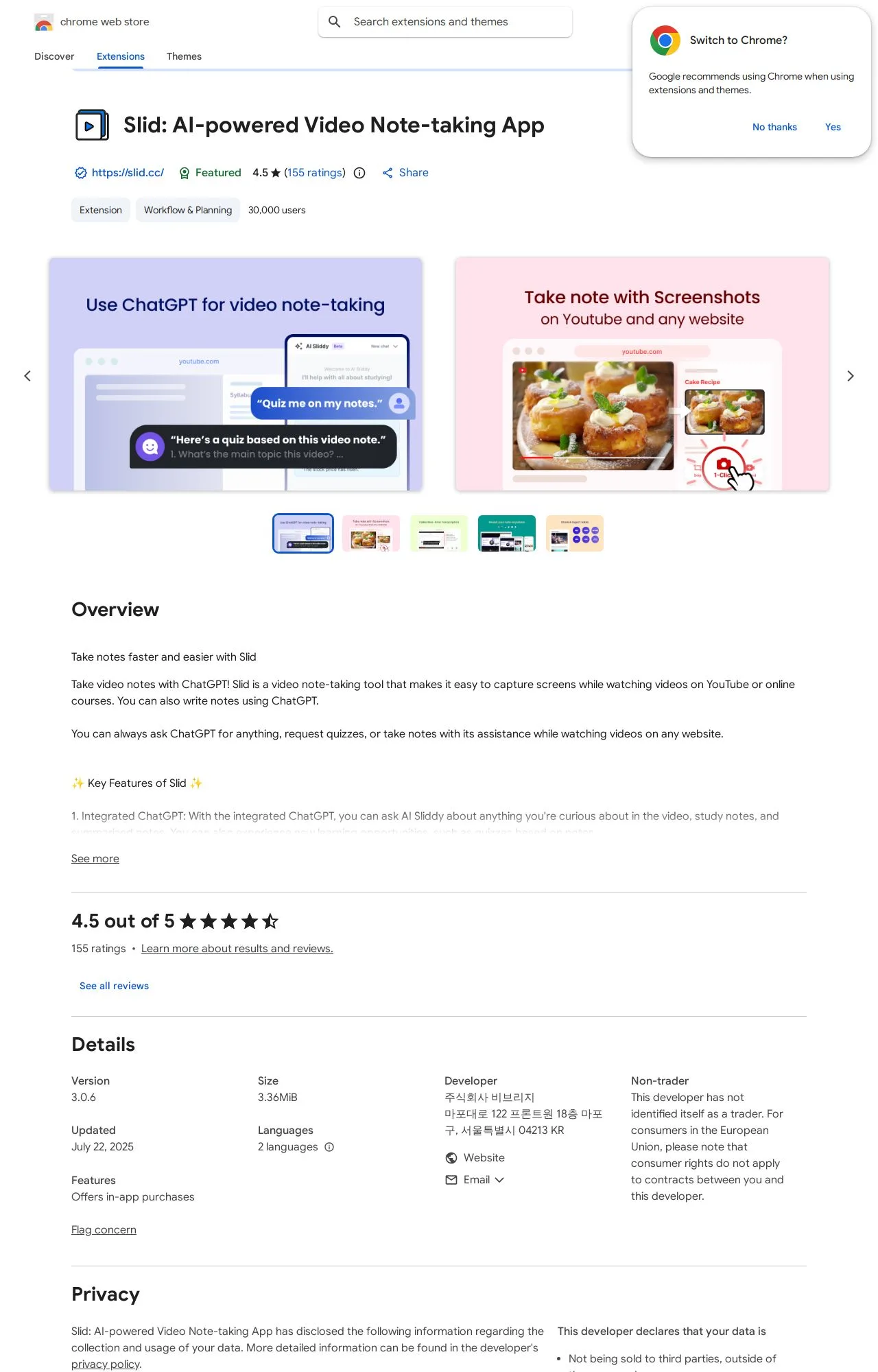 Slid: AI-powered Video Note-taking App listing on the Chrome Web Store