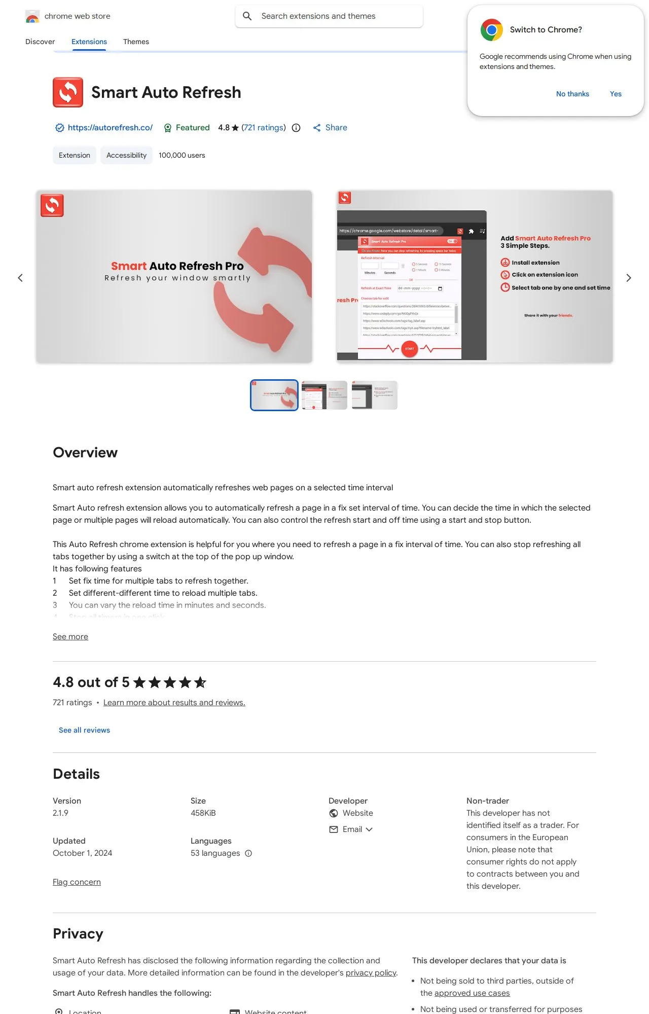 Smart Auto Refresh listing on the Chrome Web Store